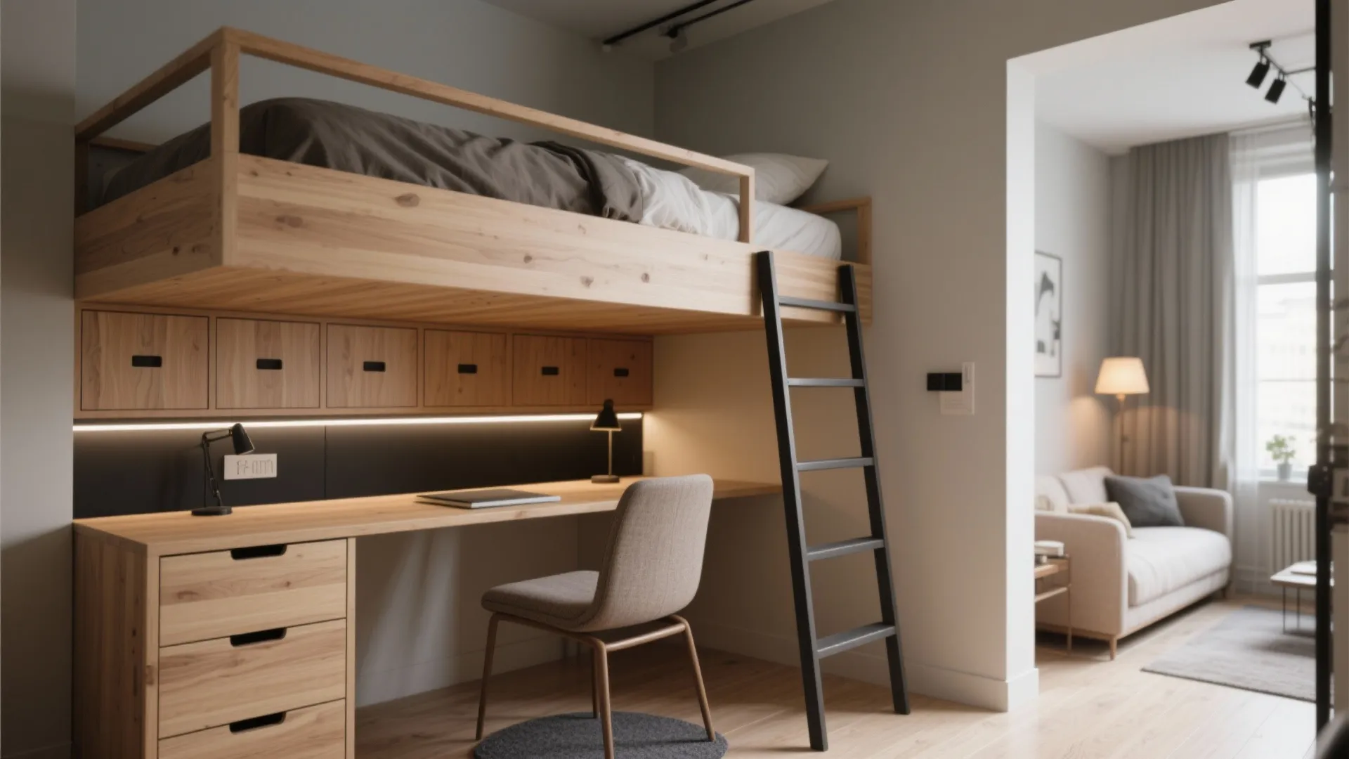 Modern wooden loft bed with a study desk underneath and a view of the sofa