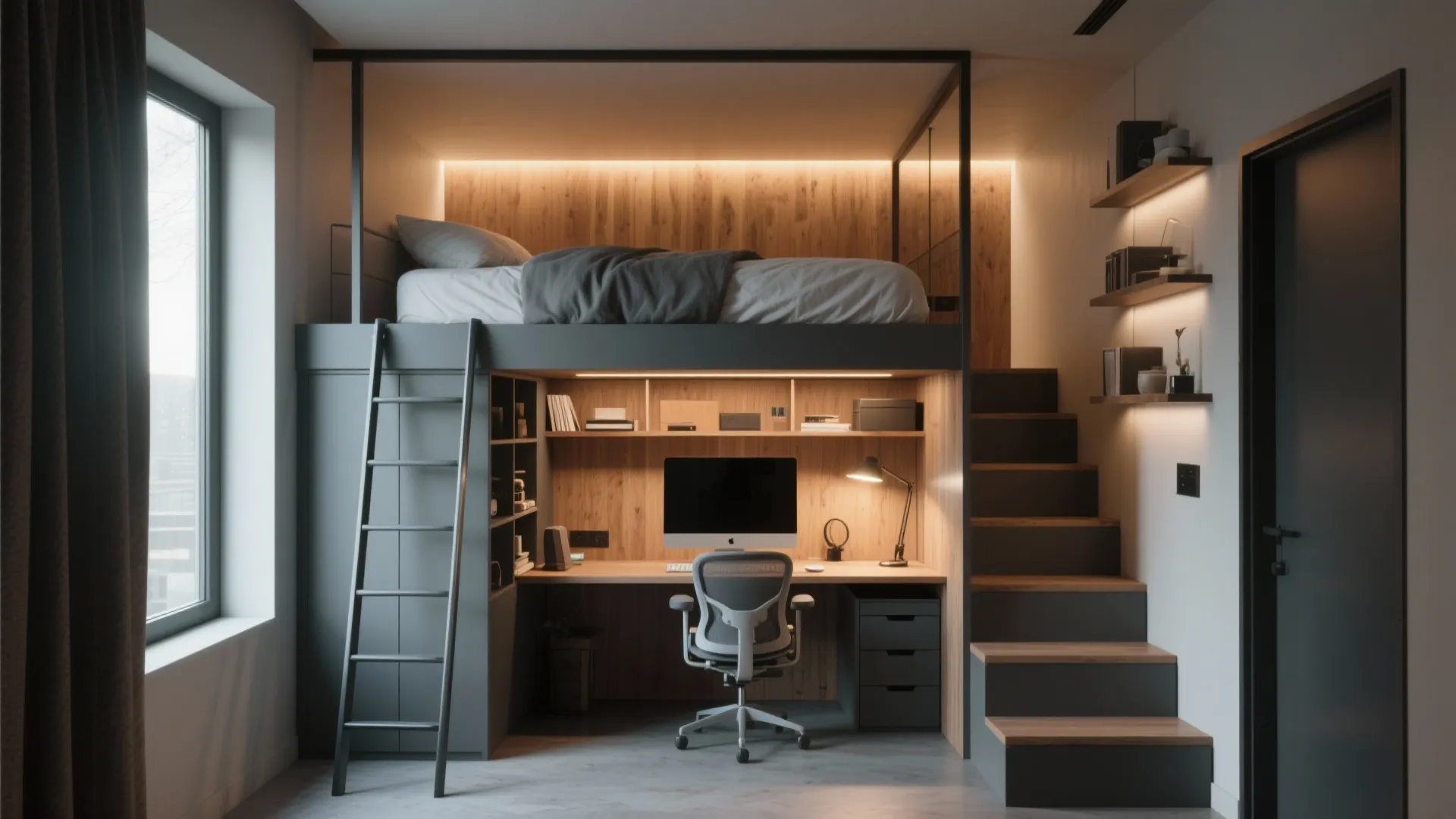 Wide-angle view of a lofted bed with a full workstation beneath, featuring ladder, shelving, and built-in storage steps.