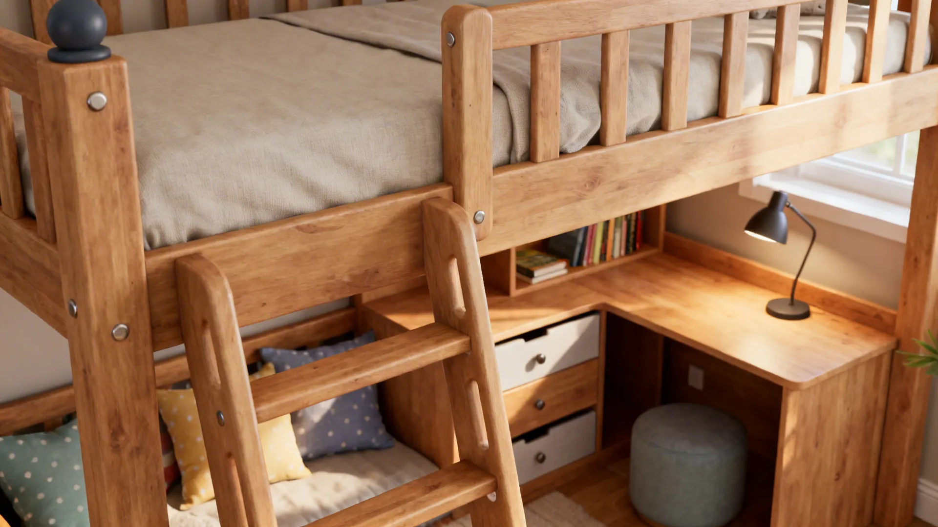 Loft bed with ladder, integrated desk and drawers illuminated by soft daylight and a desk lamp.
