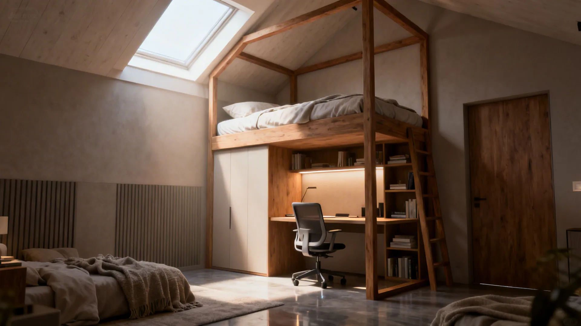 Loft bed with an integrated desk underneath, showing vertical space use and under-loft lighting.