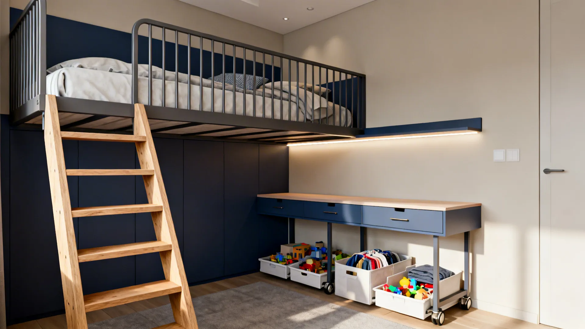Mid-height loft bed with guardrails over a wall-mounted desk and rolling drawers in a small room.
