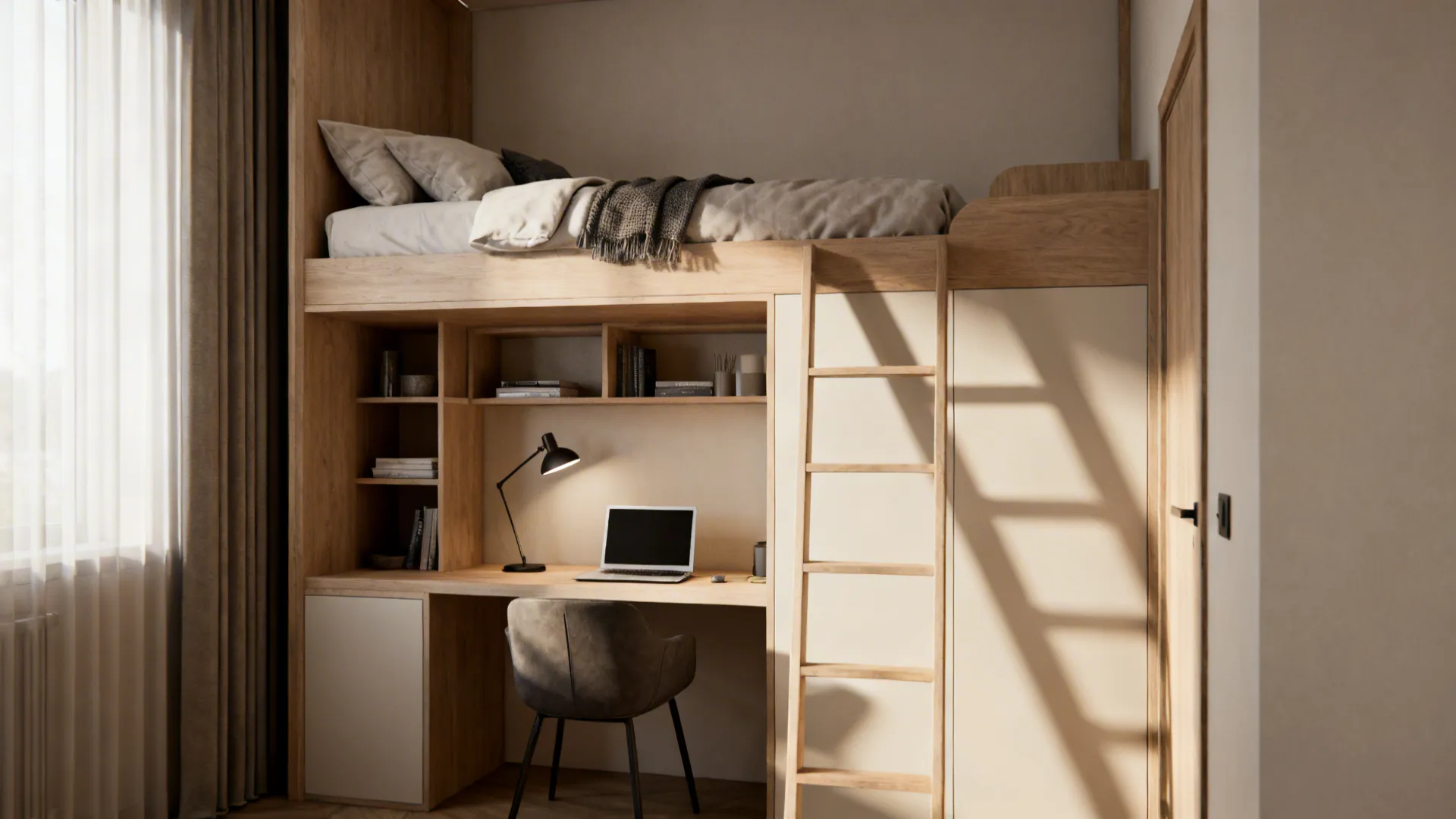 Wooden loft bed with ladder above a desk with laptop chair and soft natural light