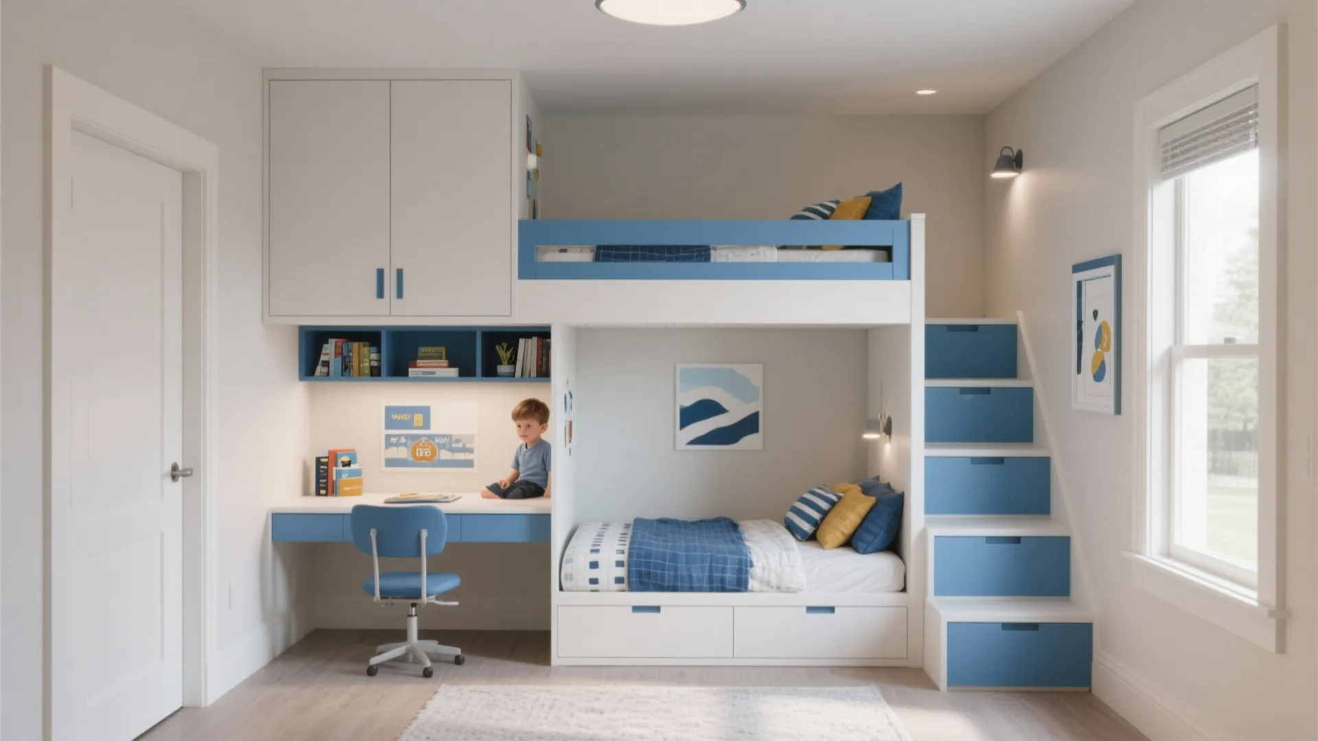 White and blue bunk bed set with integrated study desk storage stairs and white walls