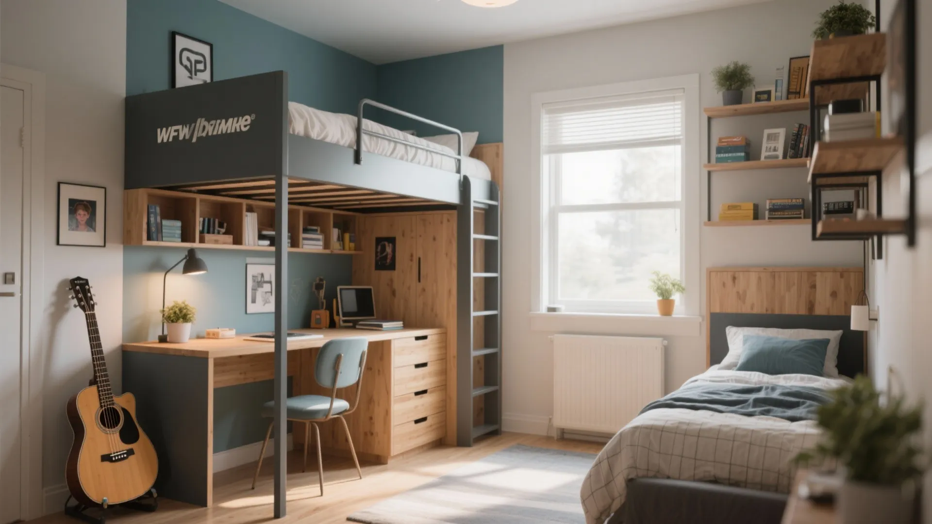 Modern teenage bedroom with grey loft bed integrated desk wooden storage cabinets and a guitar