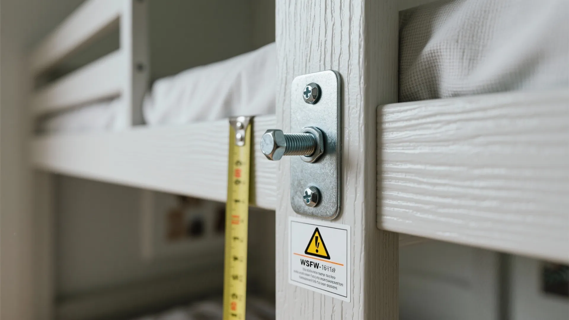Close up view of white wood bed frame joint with metal bolt and measuring tape
