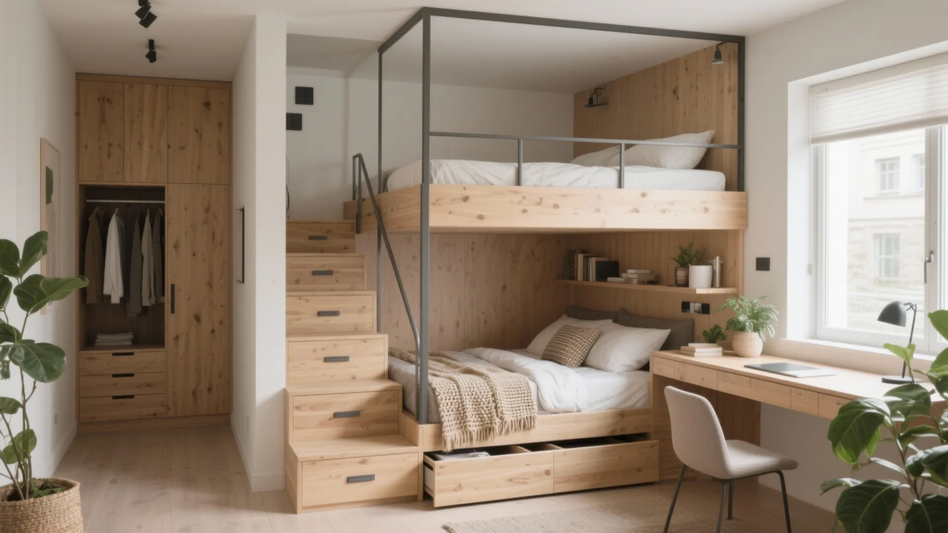 Modern wood bunk bed with storage stairs wardrobe desk and natural light from a window