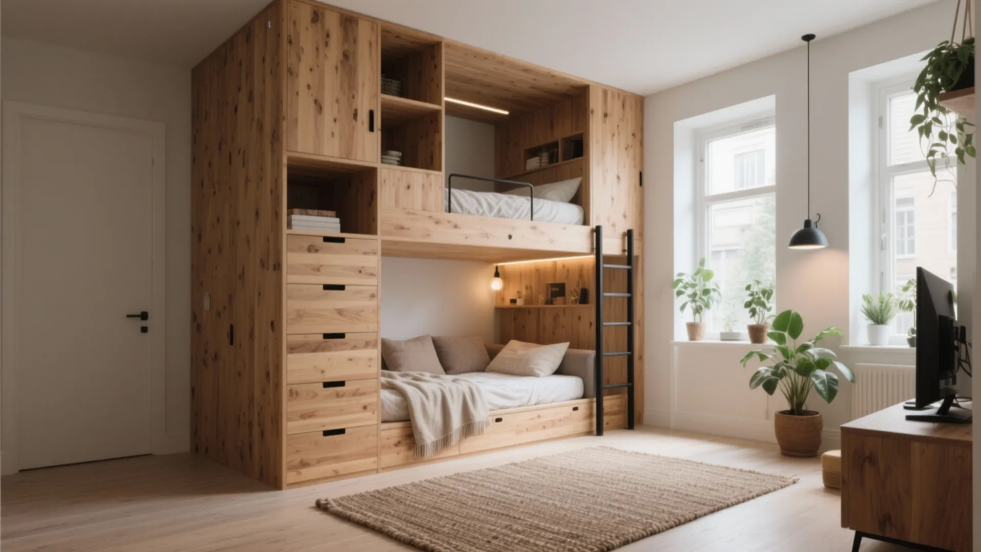 Wooden bunk bed unit with built-in storage drawers and shelves in a bright modern bedroom