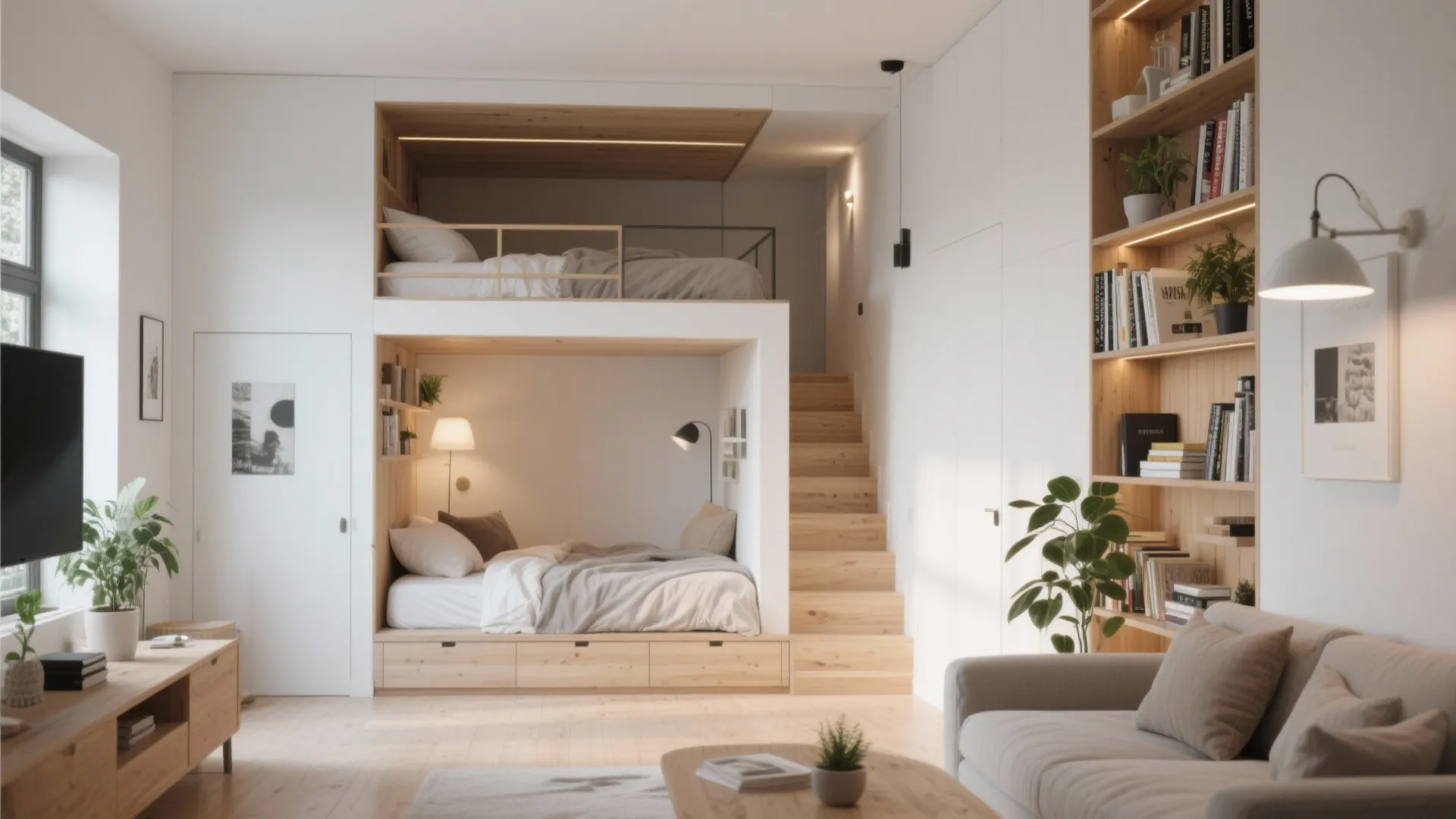 Compact apartment with loft bed above living lounge area