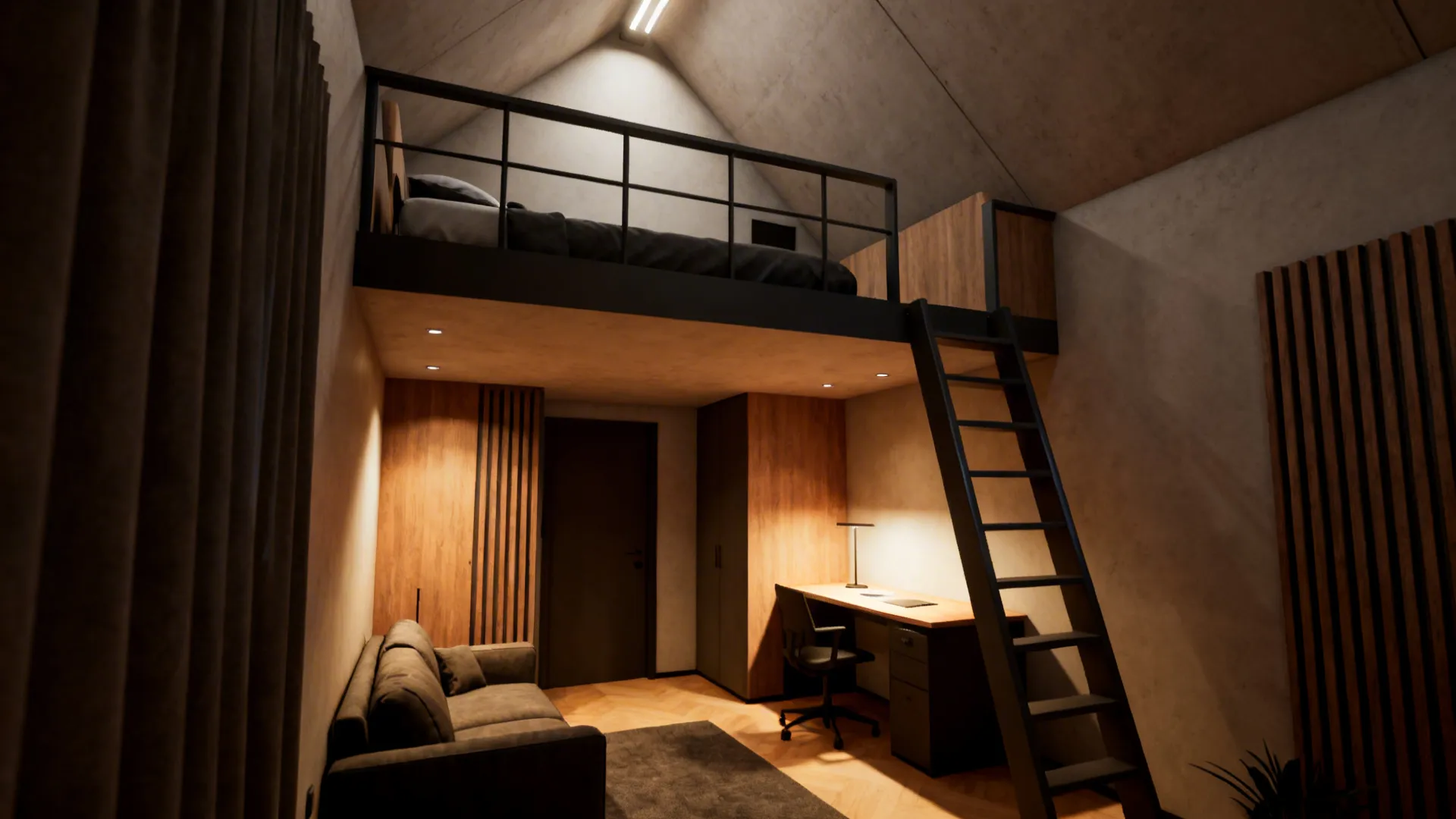 Loft bed with living space underneath featuring a sofa and desk, ladder and safety railings visible.