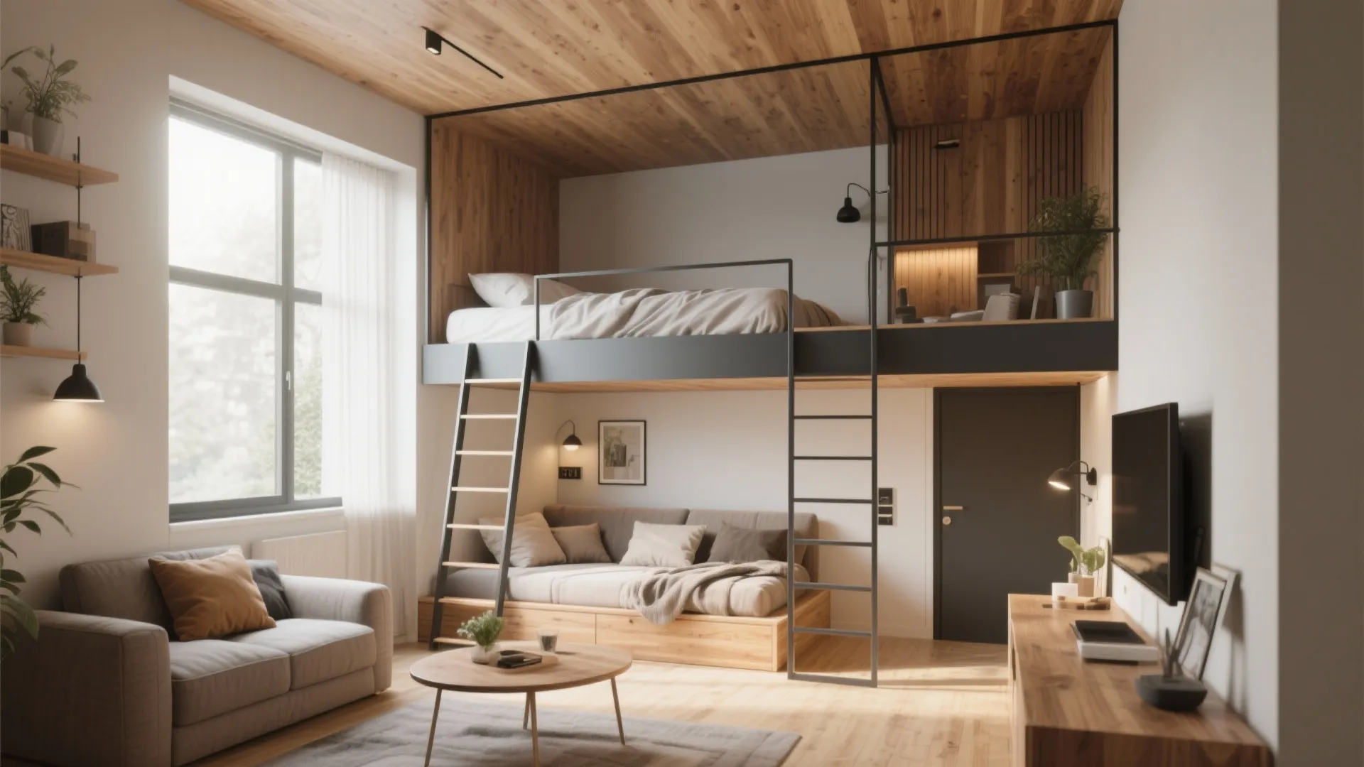 3. Elevated Loft Bed with Lounge Underneath