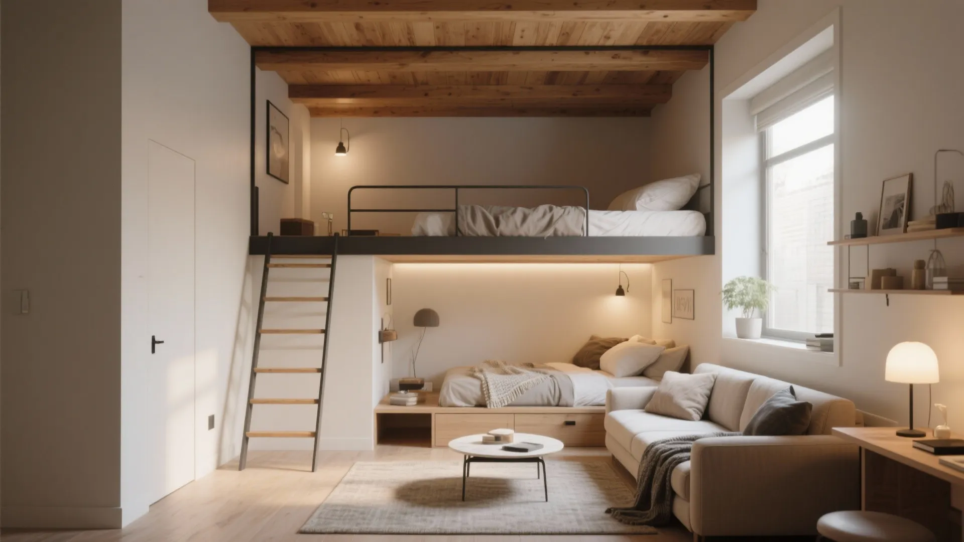 Modern loft bed with black metal ladder above a white sofa and small coffee table