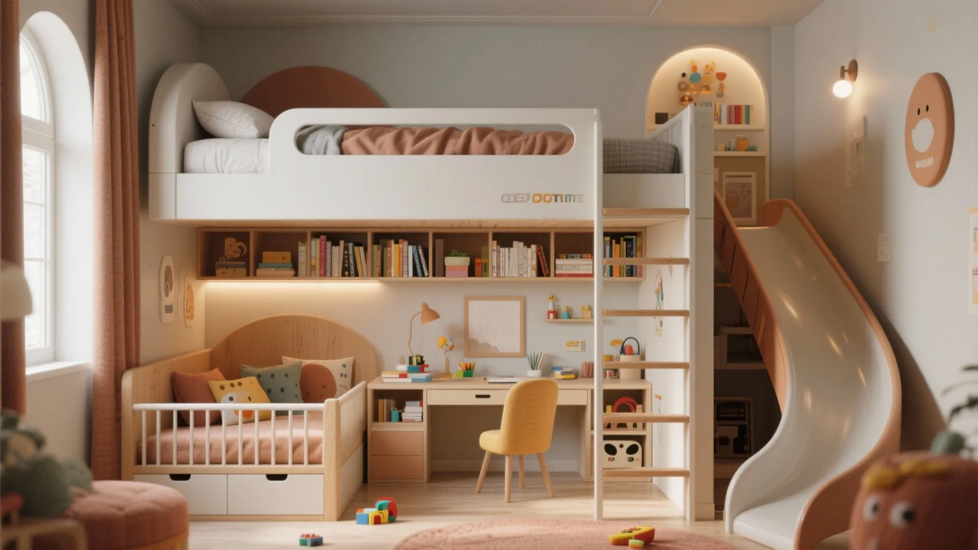 Multi-functional loft bed with ladder bookshelf and play/study area underneath.