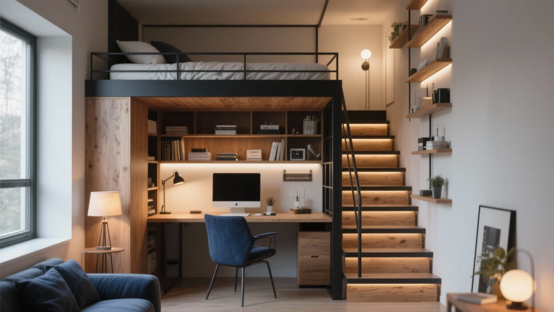 Modern studio apartment with loft bed above wooden desk and blue office chair near illuminated stairs