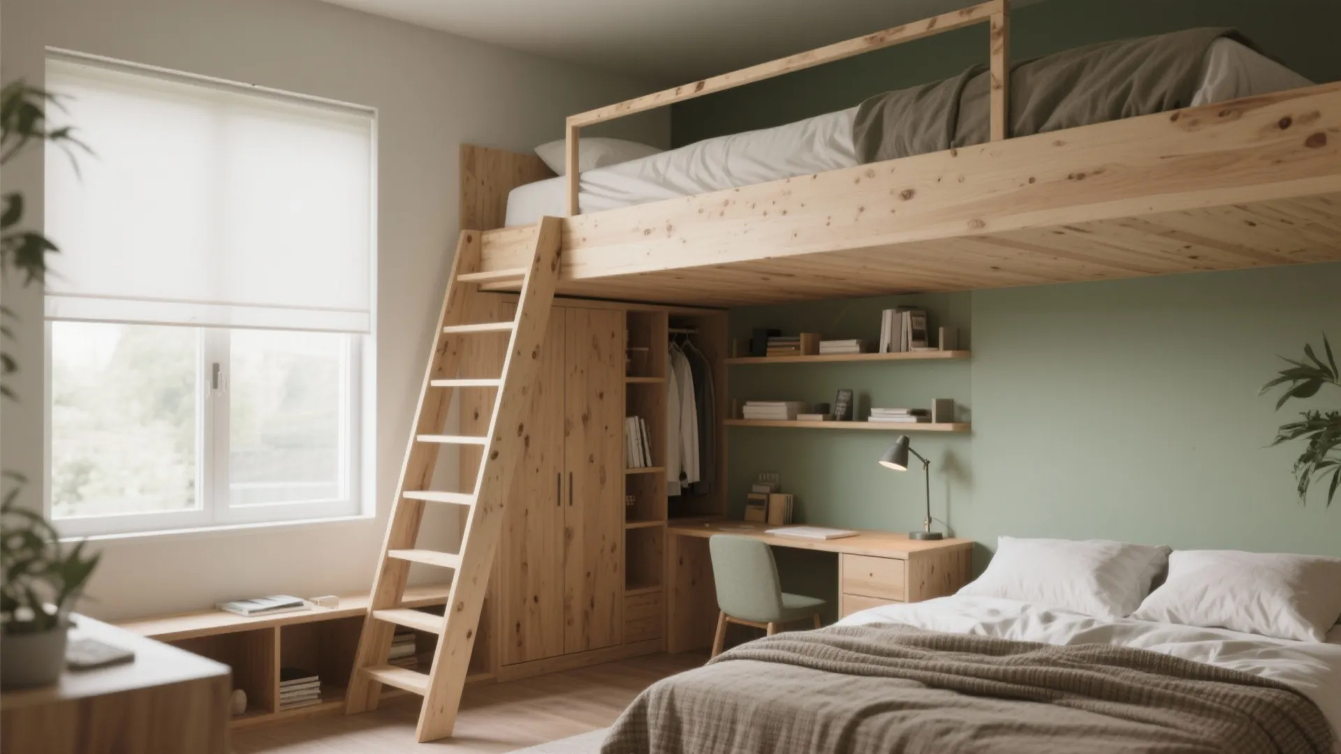 Loft bed over a study nook and wardrobe in a compact bedroom with painted plywood and warm wood tones.