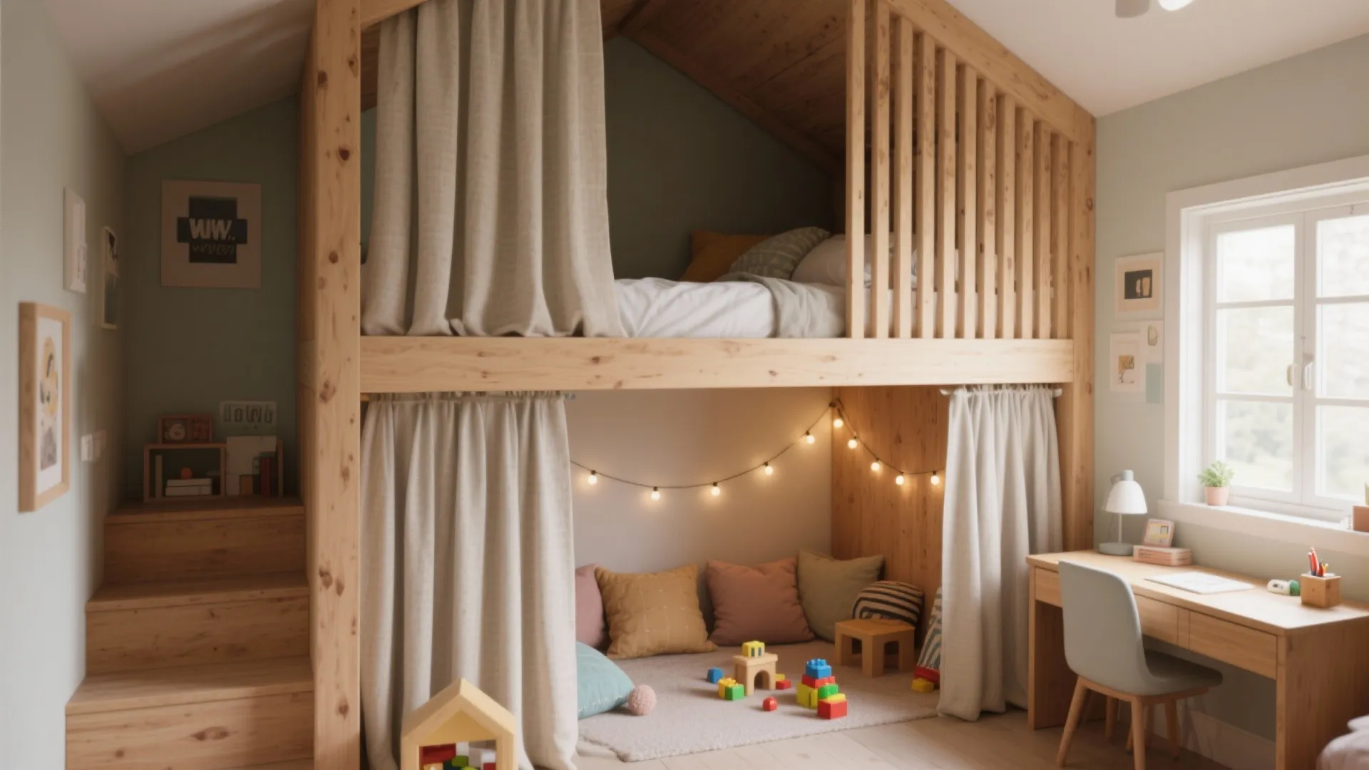 1. Loft bed with a cozy nook underneath