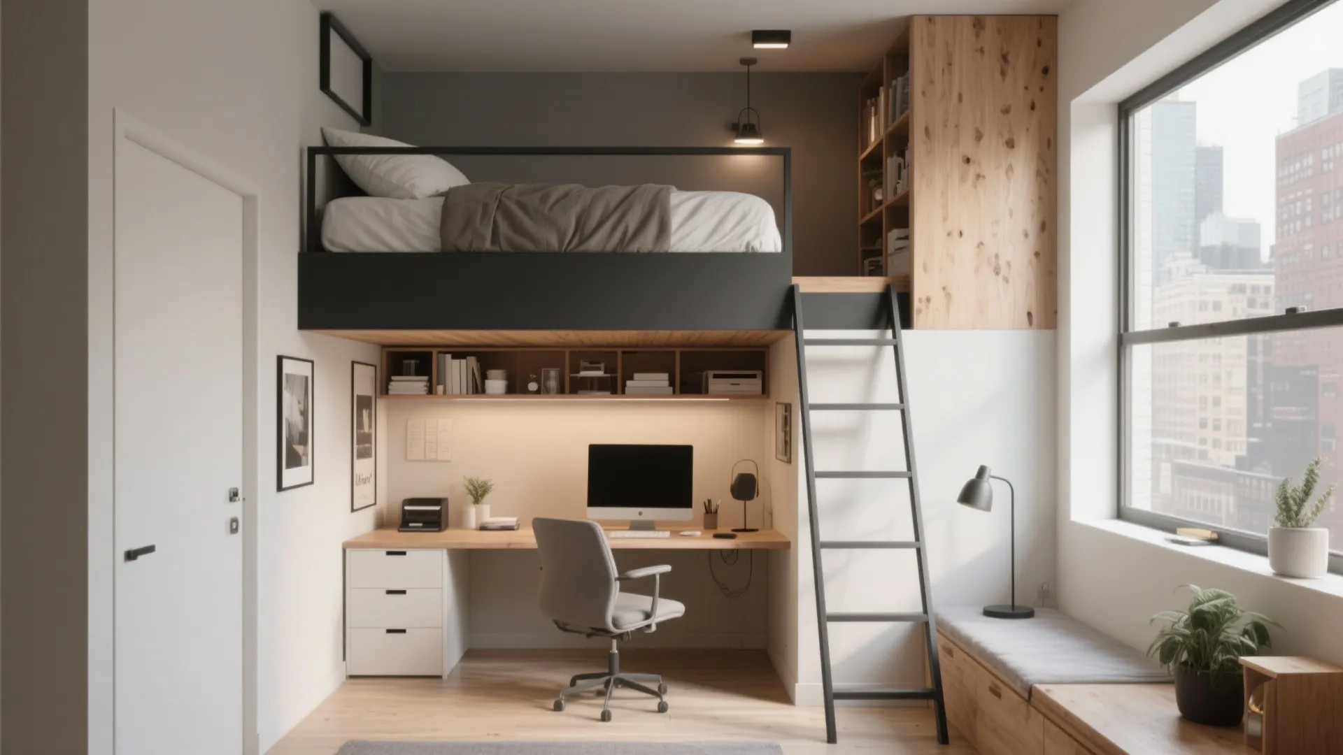 Loft bed above a neatly arranged office corner in a small room