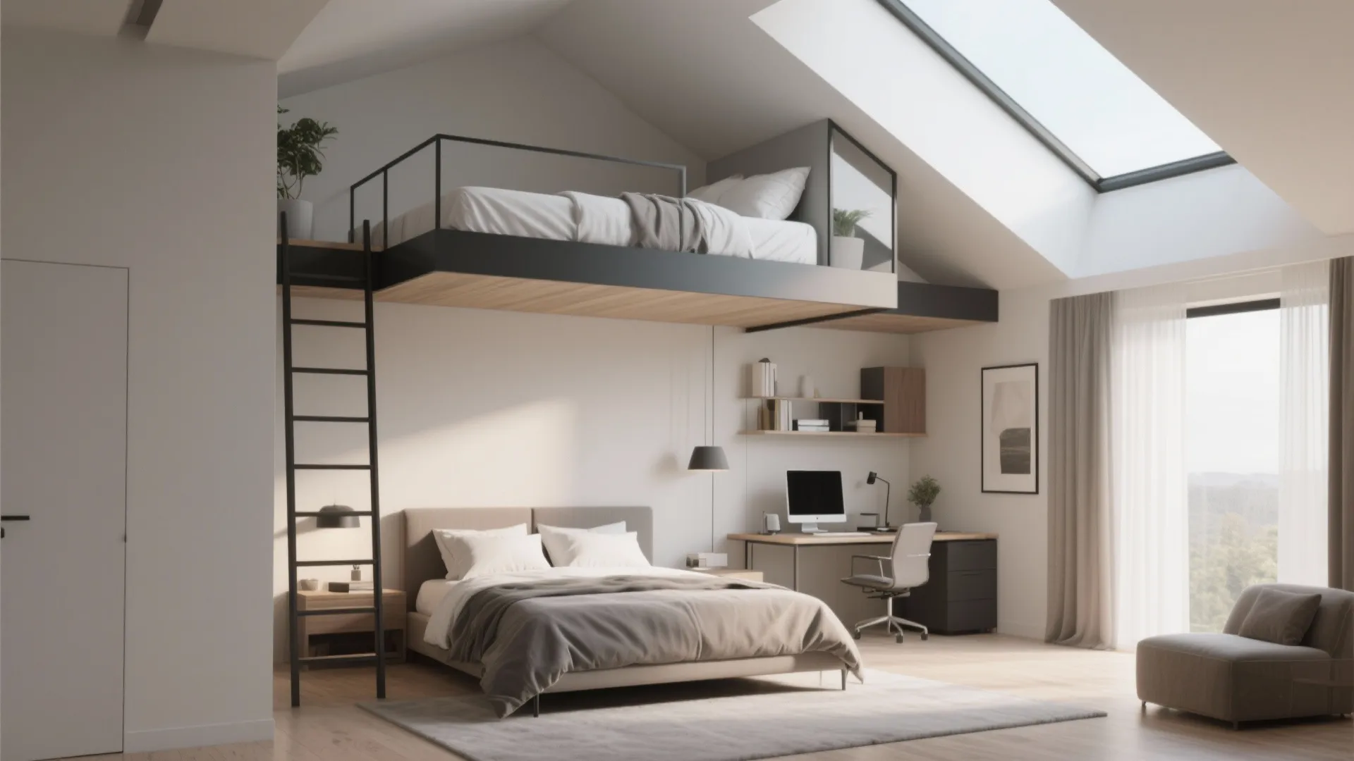 Modern bedroom with a loft bed above a home office desk and a large window