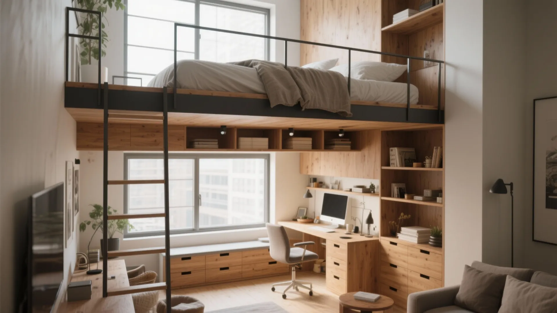 2. Lofted bed to reclaim floor space