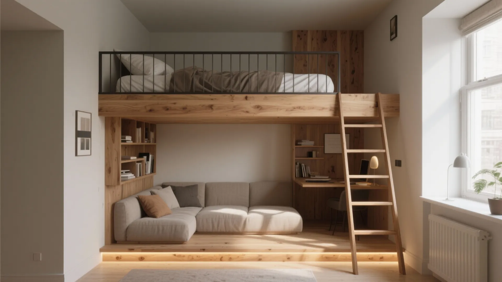 Modern loft bed with wooden ladder above a grey sofa and small home office area