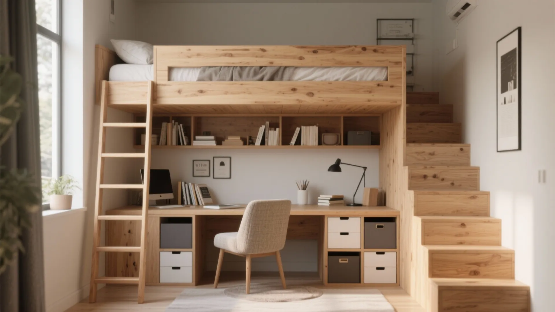 Loft bed in a tiny bedroom with desk and storage underneath, showing raised sleeping area and usable floor space.