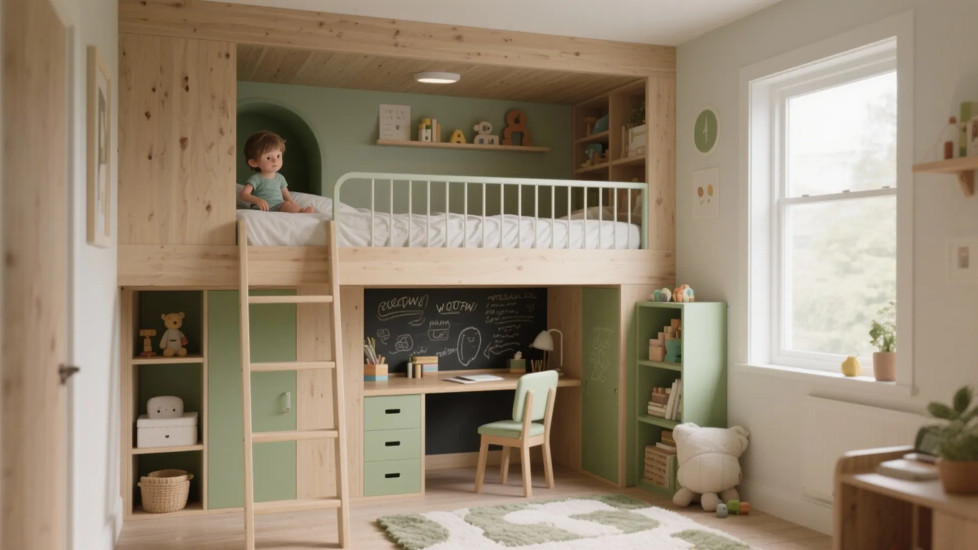 Loft bed with a play nook and built-in desk underneath, ladder and guardrails in a small children's bedroom.