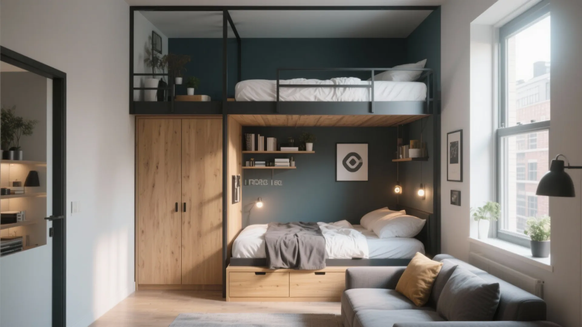 Modern loft bed with wooden wardrobe integrated desk shelving and a small sofa in bedroom