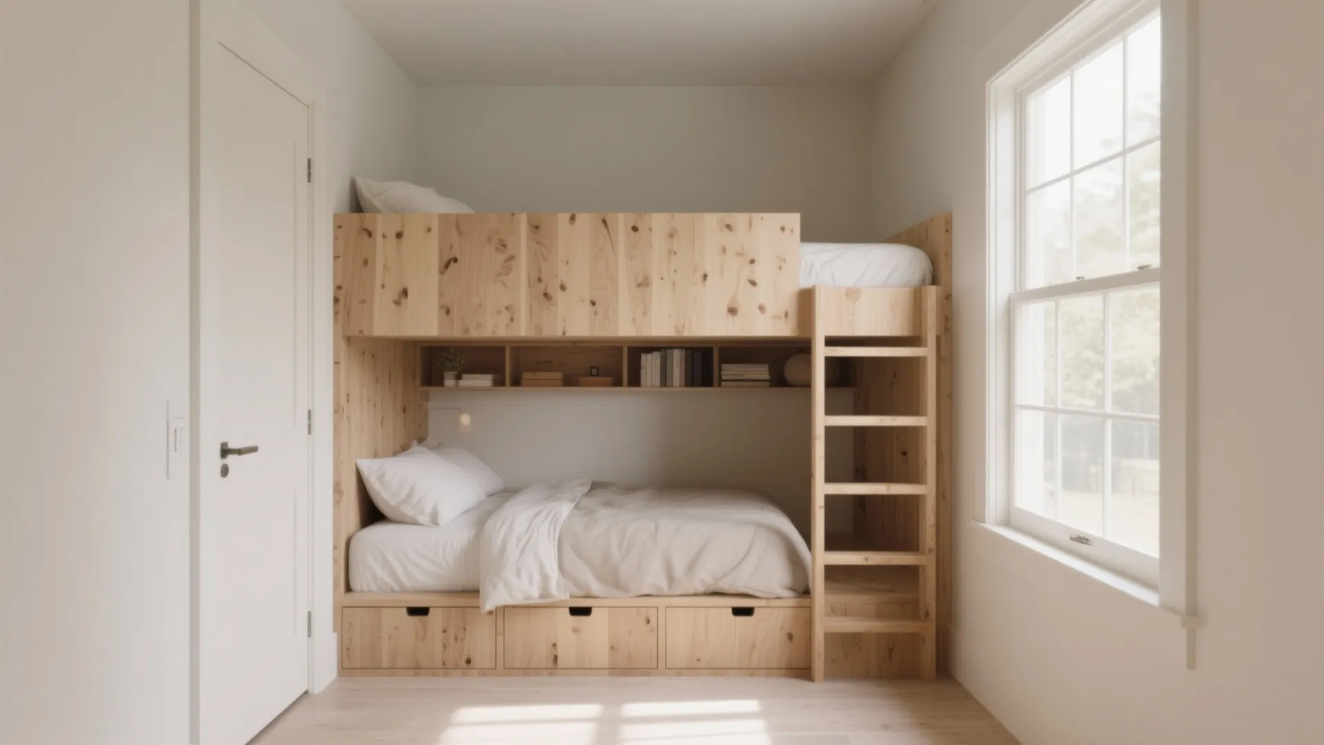Light wood bunk bed with storage drawers ladder and shelves in a small white room