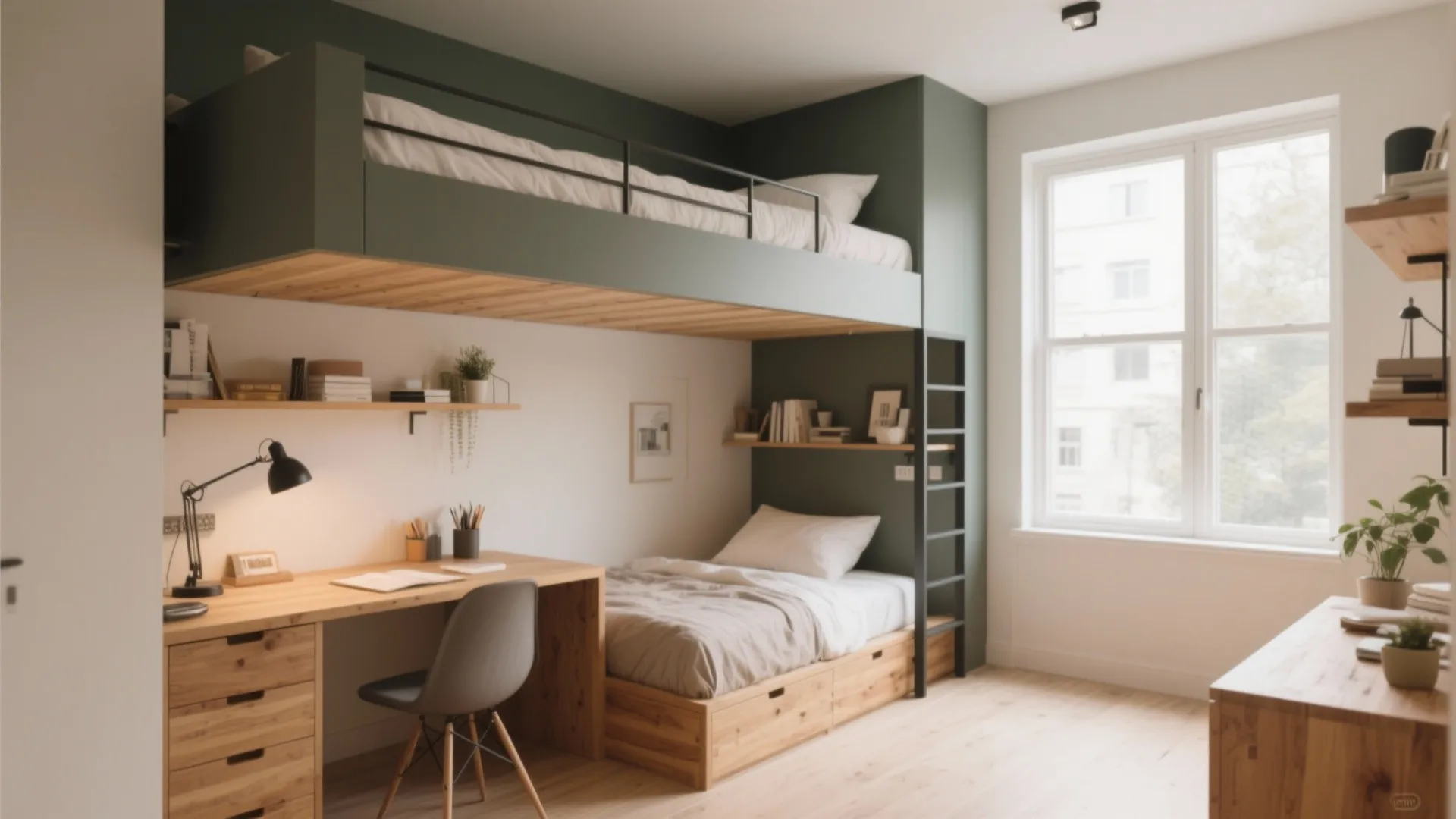 Small bedroom featuring green bunk bed wooden desk with chair shelves and natural window light