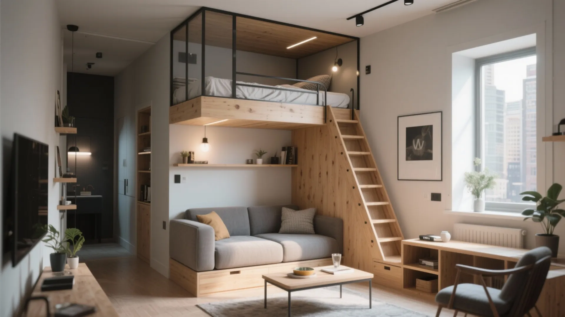 Modern studio apartment with wooden loft bed over grey sofa with stairs and natural light