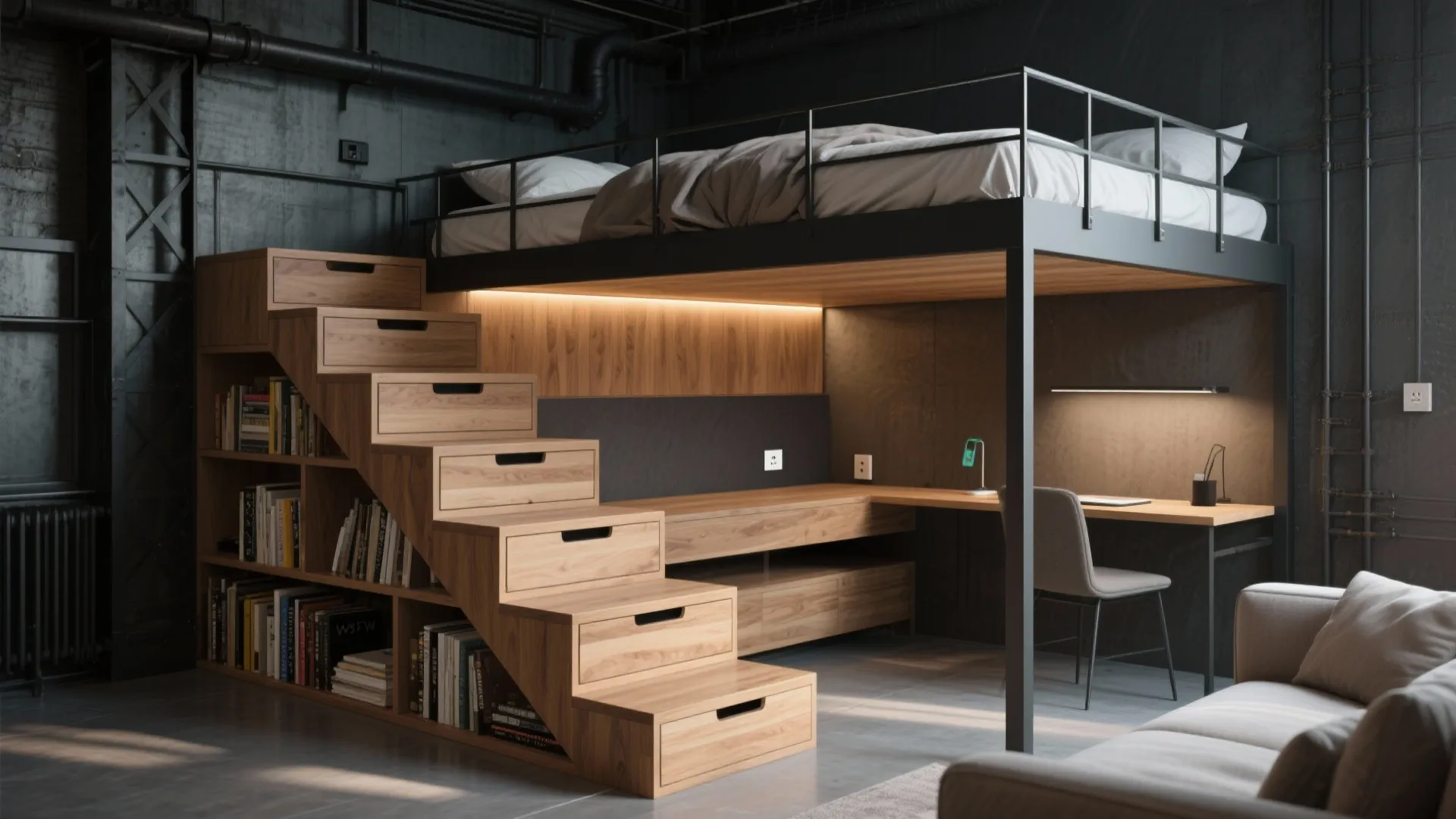 3. Loft Bed with Integrated Staircase and Storage