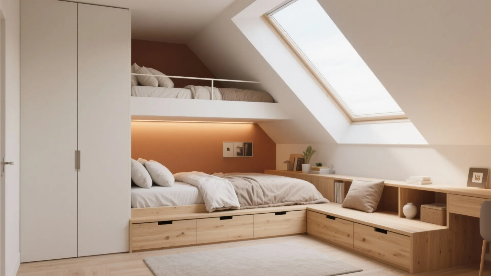 Small bedroom design with bunk bed roof window wooden storage drawers and white closet wardrobe