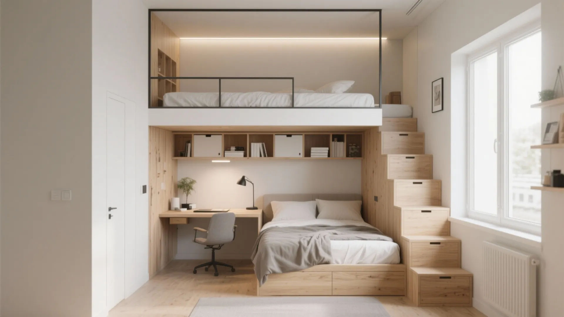 Small bedroom featuring a loft bed over a desk area with wooden stairs and storage