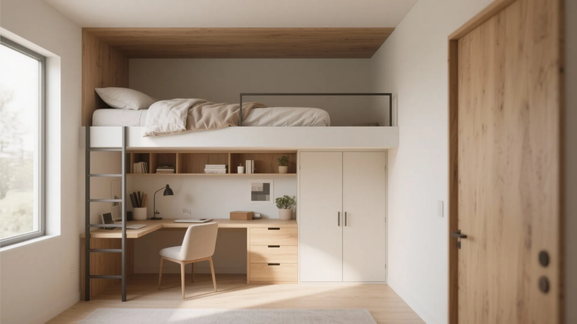 Space saving bunk bed design with a corner desk and white cabinet in small room