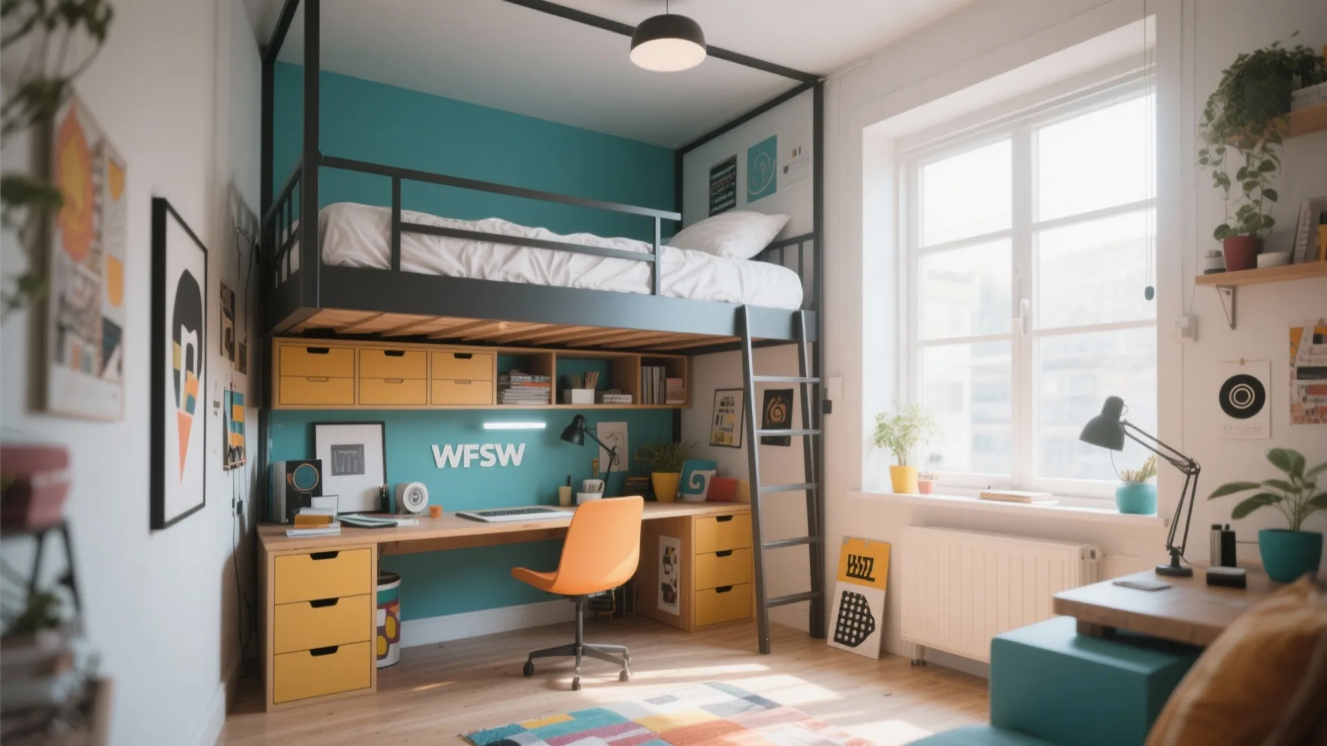 Small studio with loft bed over storage drawers and desk