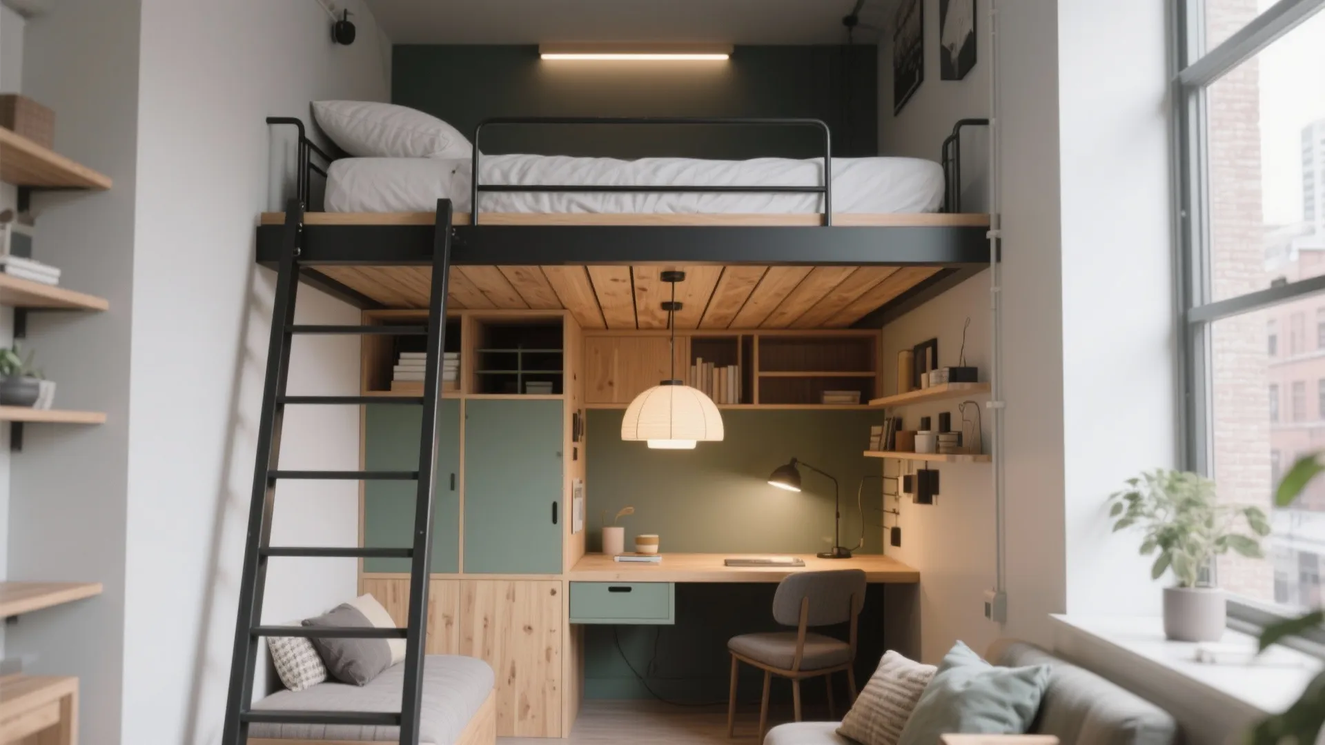 Small apartment bedroom with a loft bed above a wooden desk and green storage cabinets