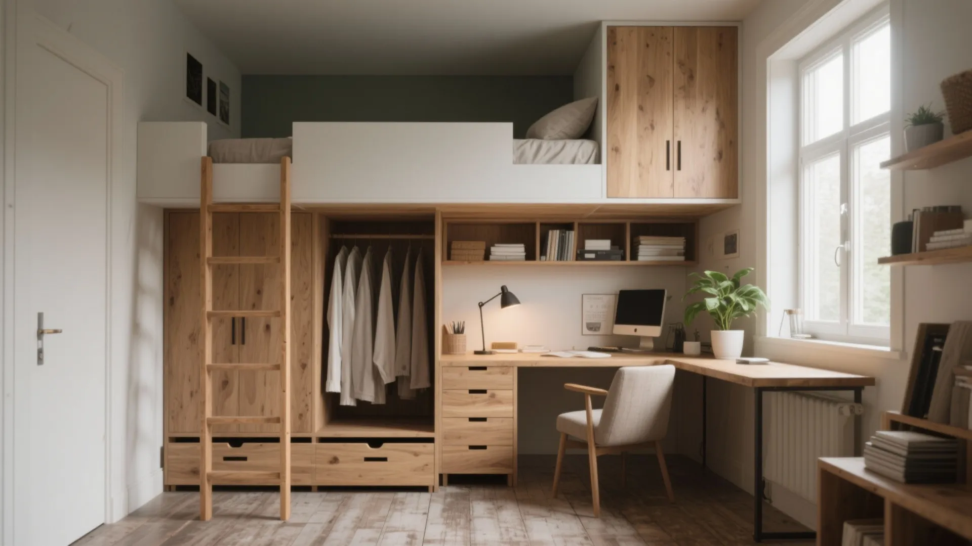 1. Loft bed with built-in storage and desk