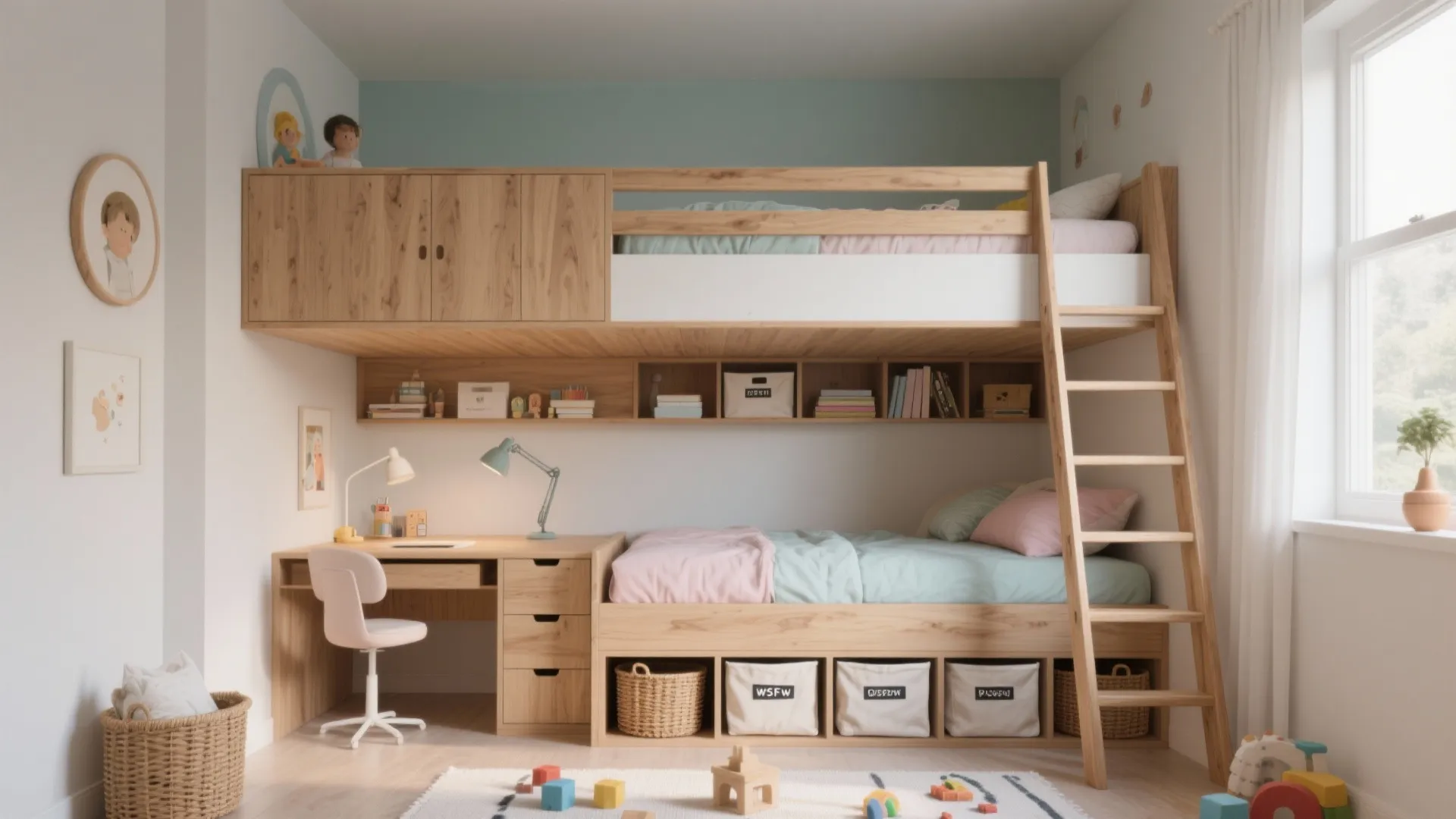 Modern kids bedroom with wood bunk bed integrated study desk built in cabinets and storage boxes
