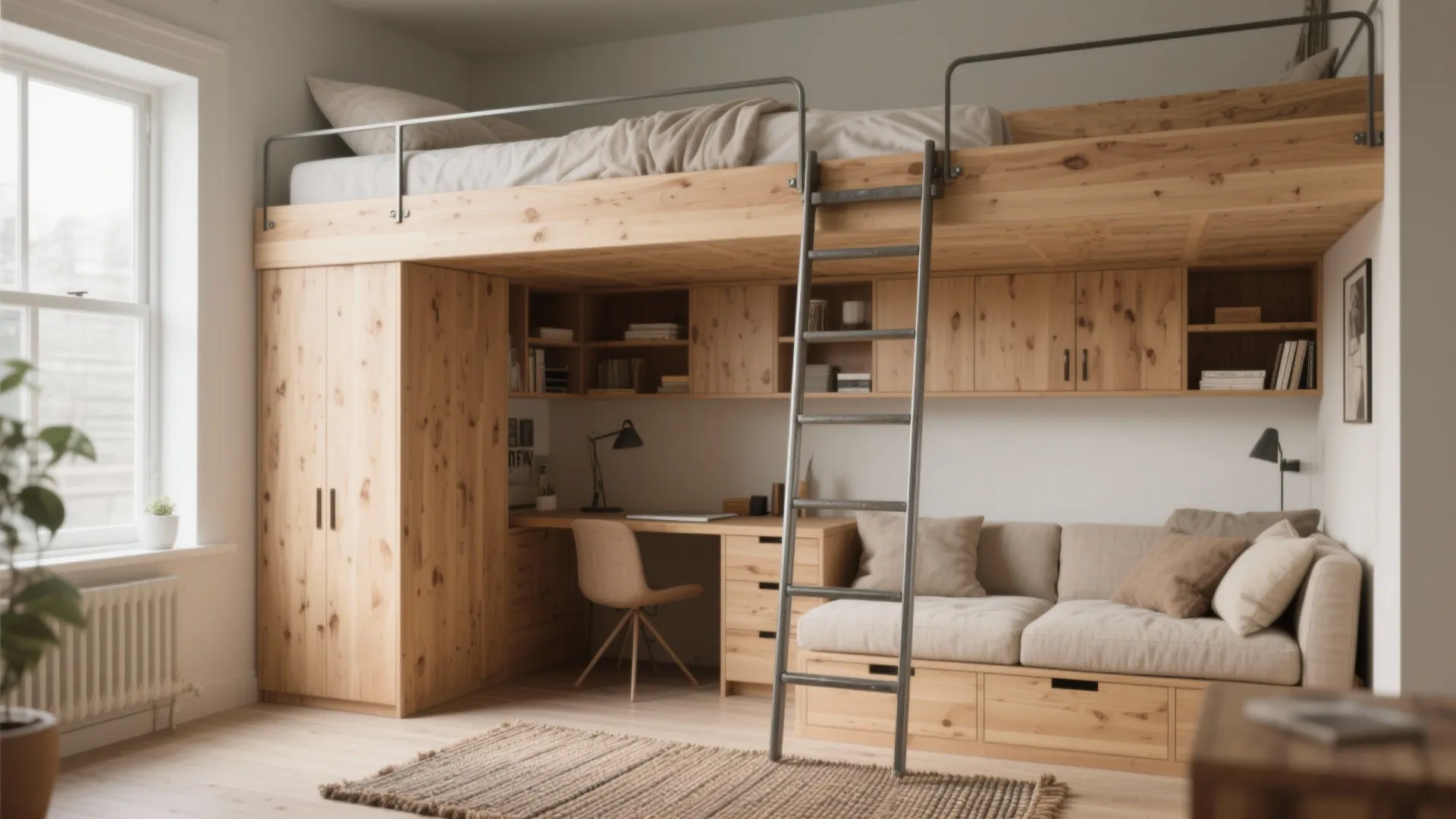 Wooden loft bed with a built in desk sofa and storage cabinets in a bedroom