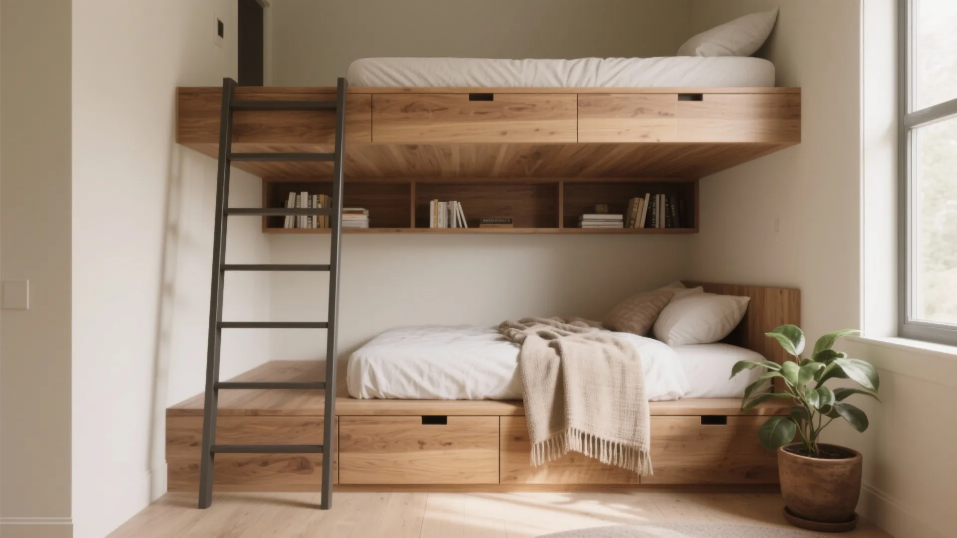 1. Lofted bed with integrated storage