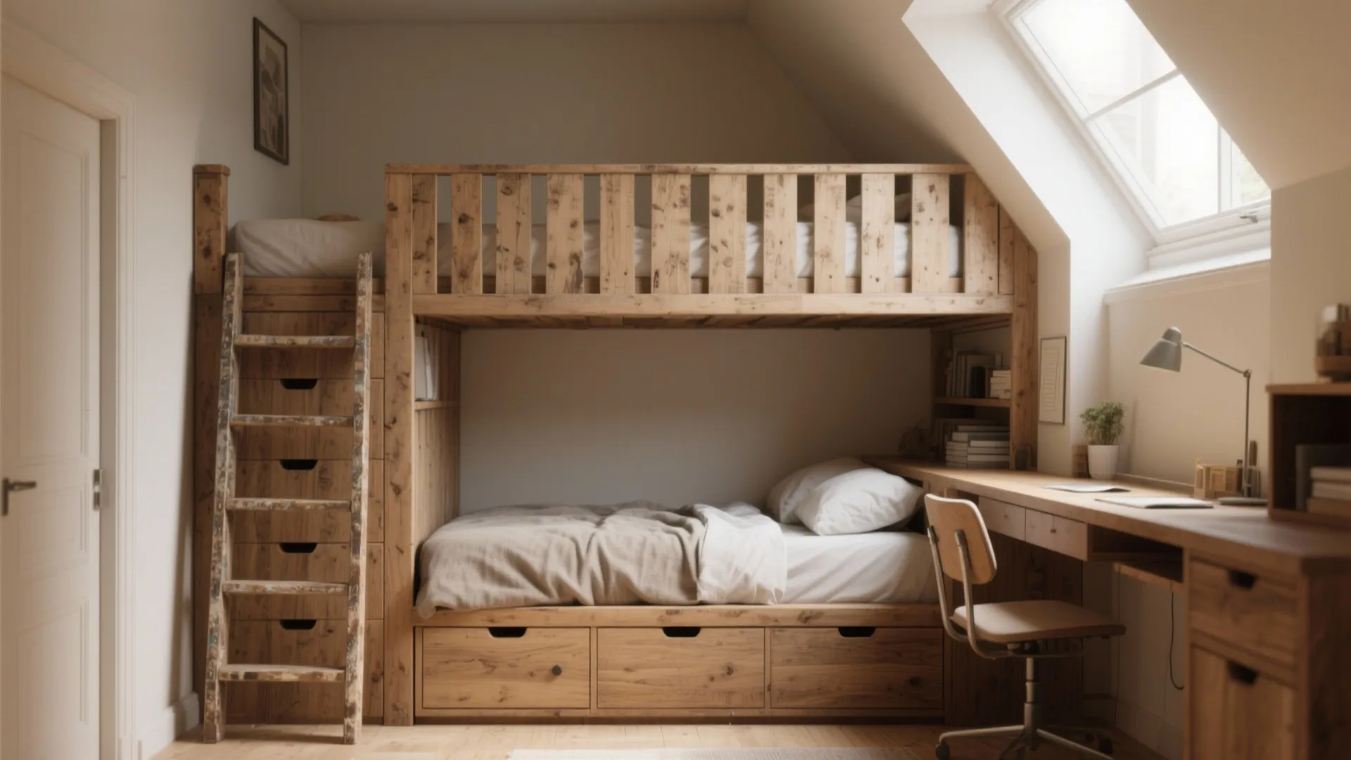 Loft bed in a tiny bedroom with integrated drawers and a desk underneath, shown in natural daylight.