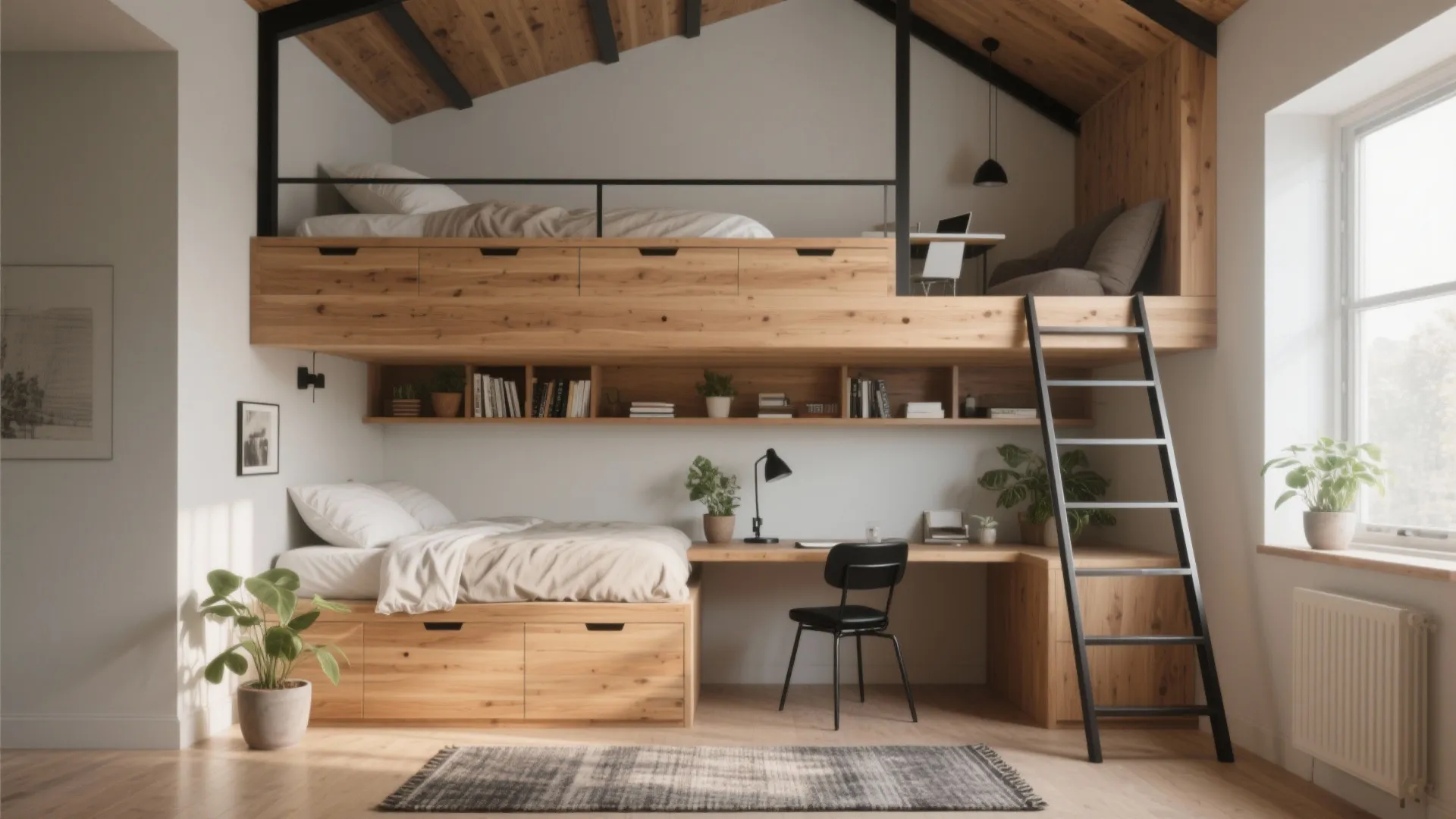 Wooden bunk bed with built in storage drawers desk and ladder in a bright room