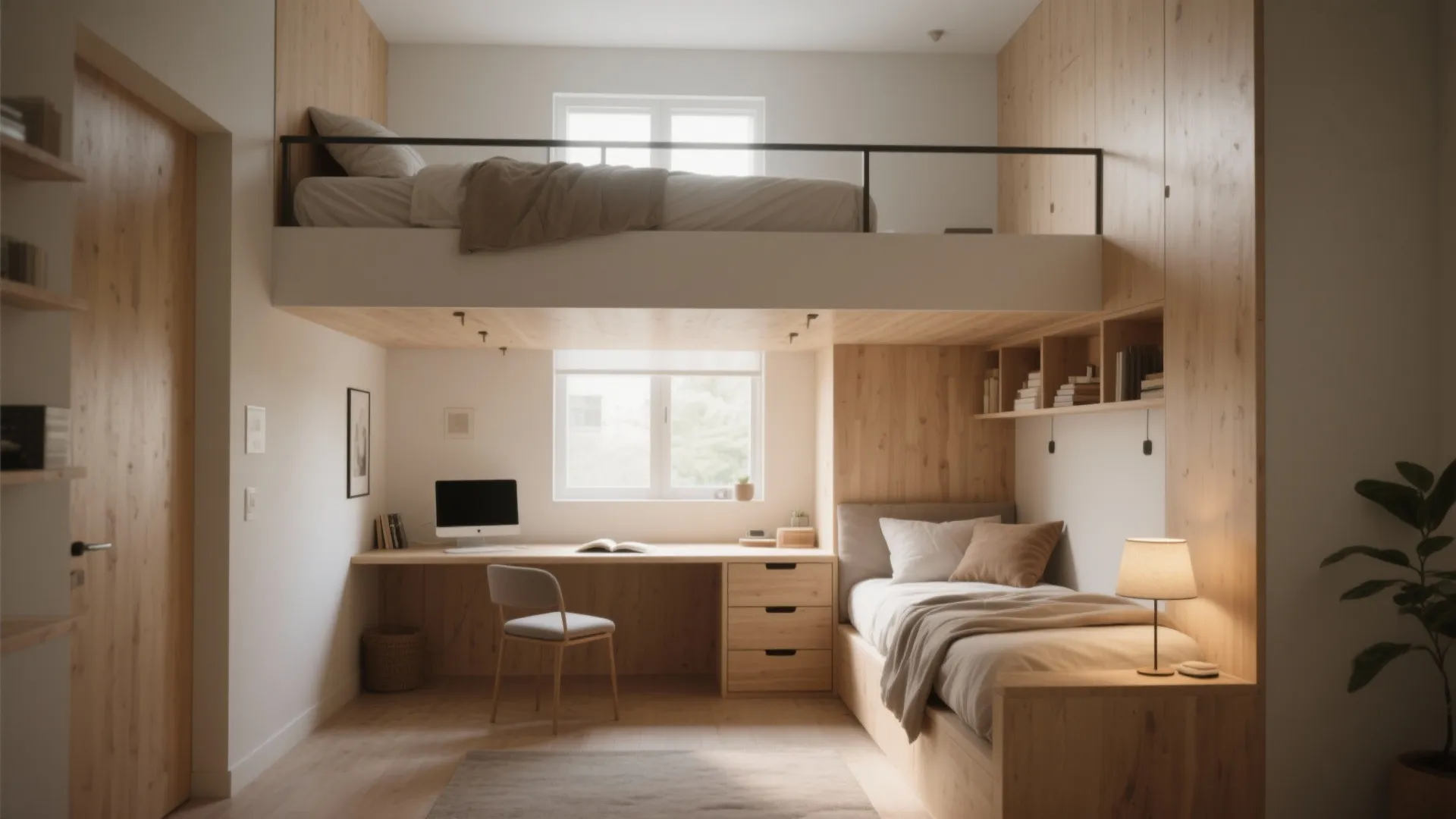 Small bedroom with bunk bed over a study desk and a single bed with storage