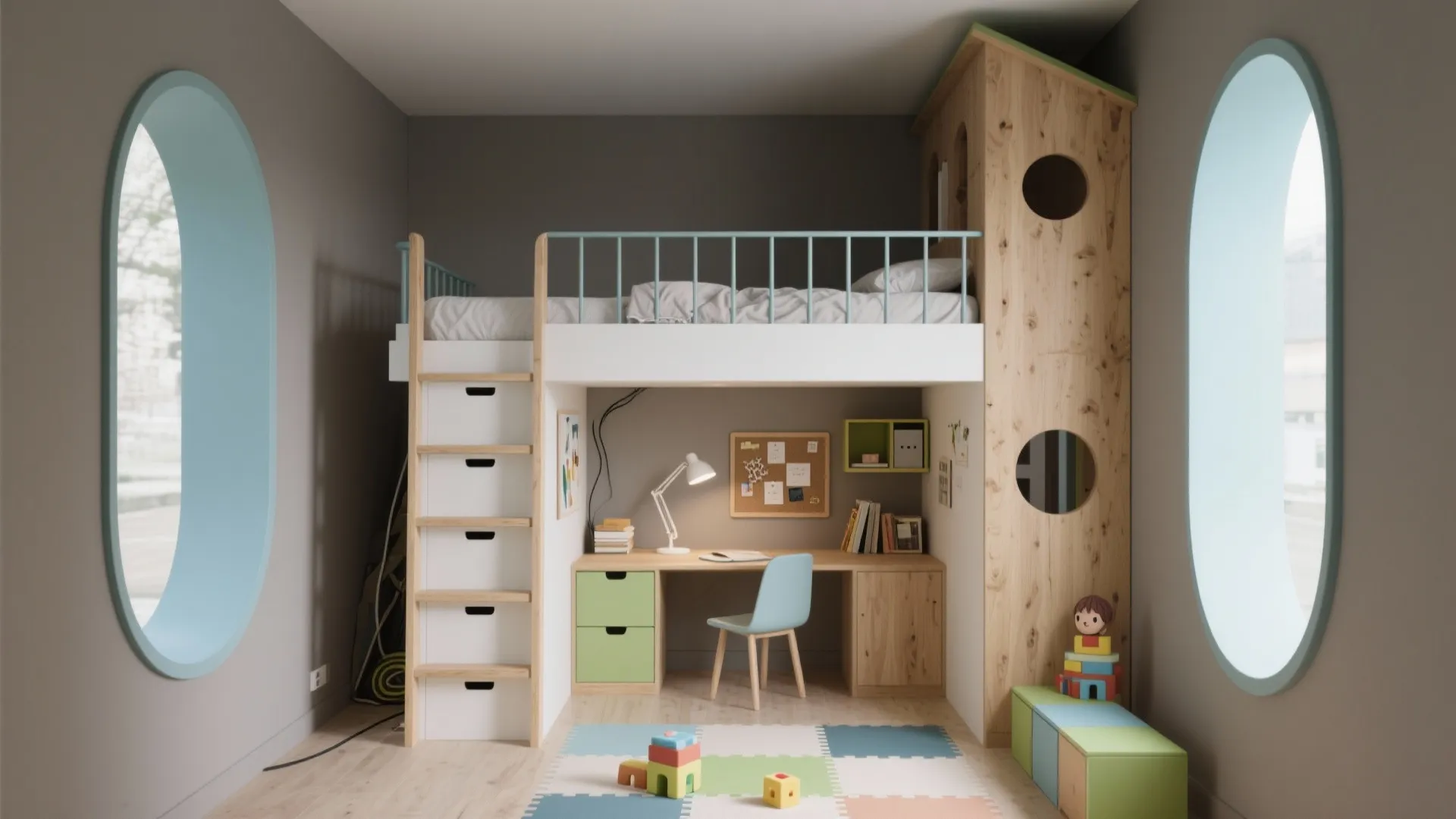 Loft bed with storage stairs (and safe rails)