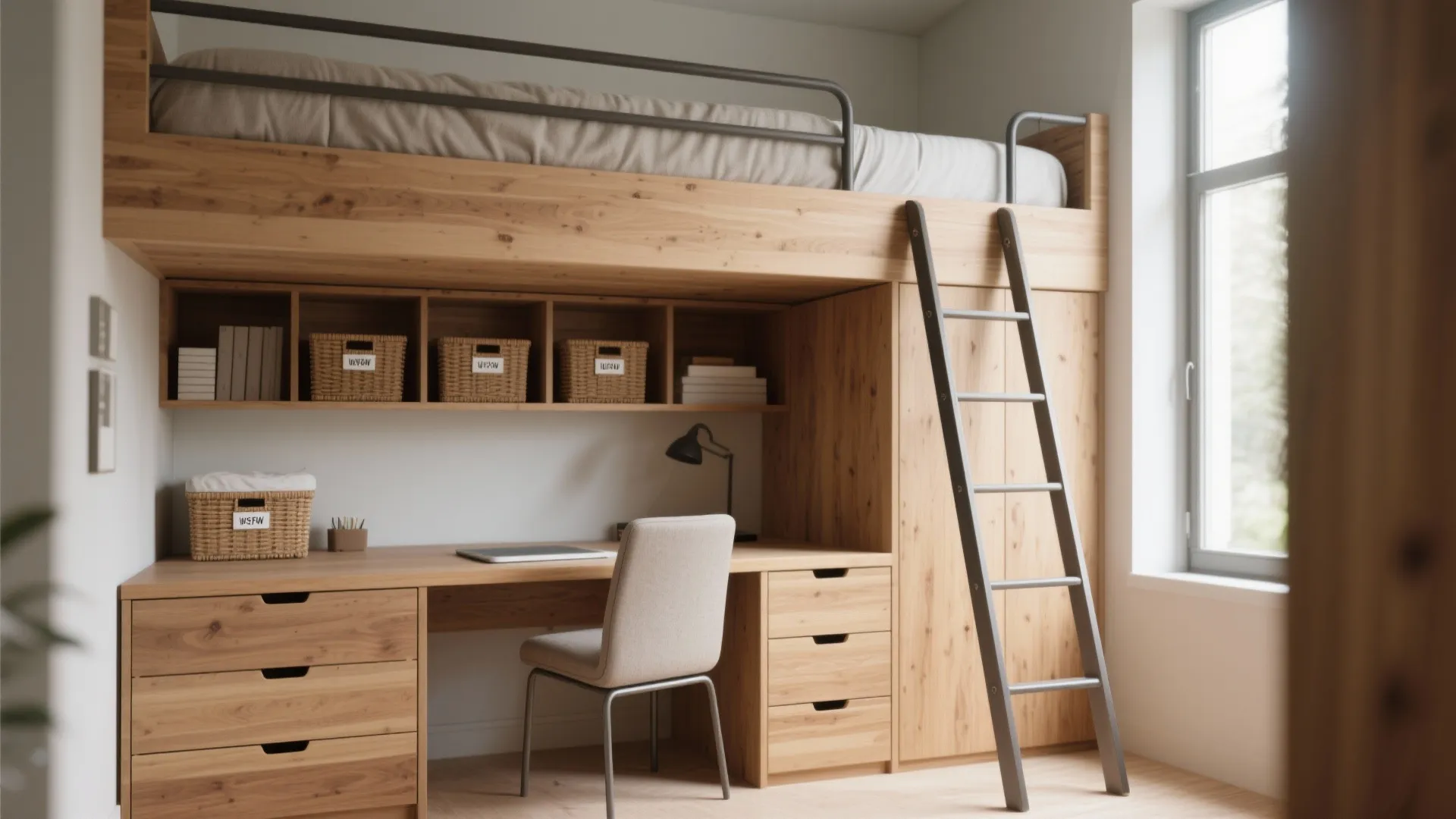 Wooden loft bed featuring a built-in desk with chair and storage cabinet in small room