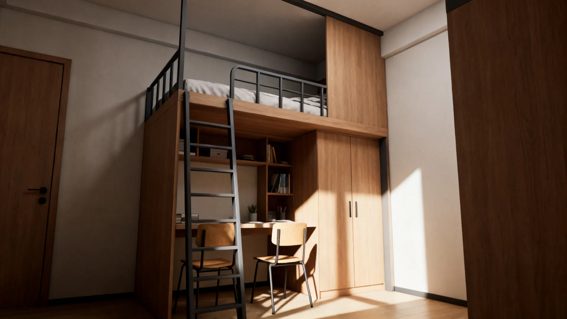 1. Built-in lofted beds with storage underneath