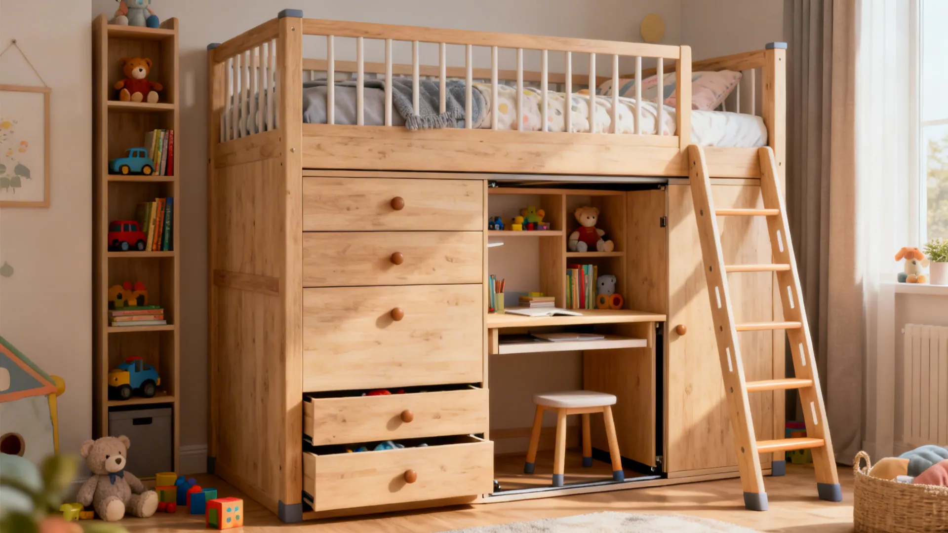 Loft bed with built-in drawers, shelves and a small desk underneath in a compact kids' room.