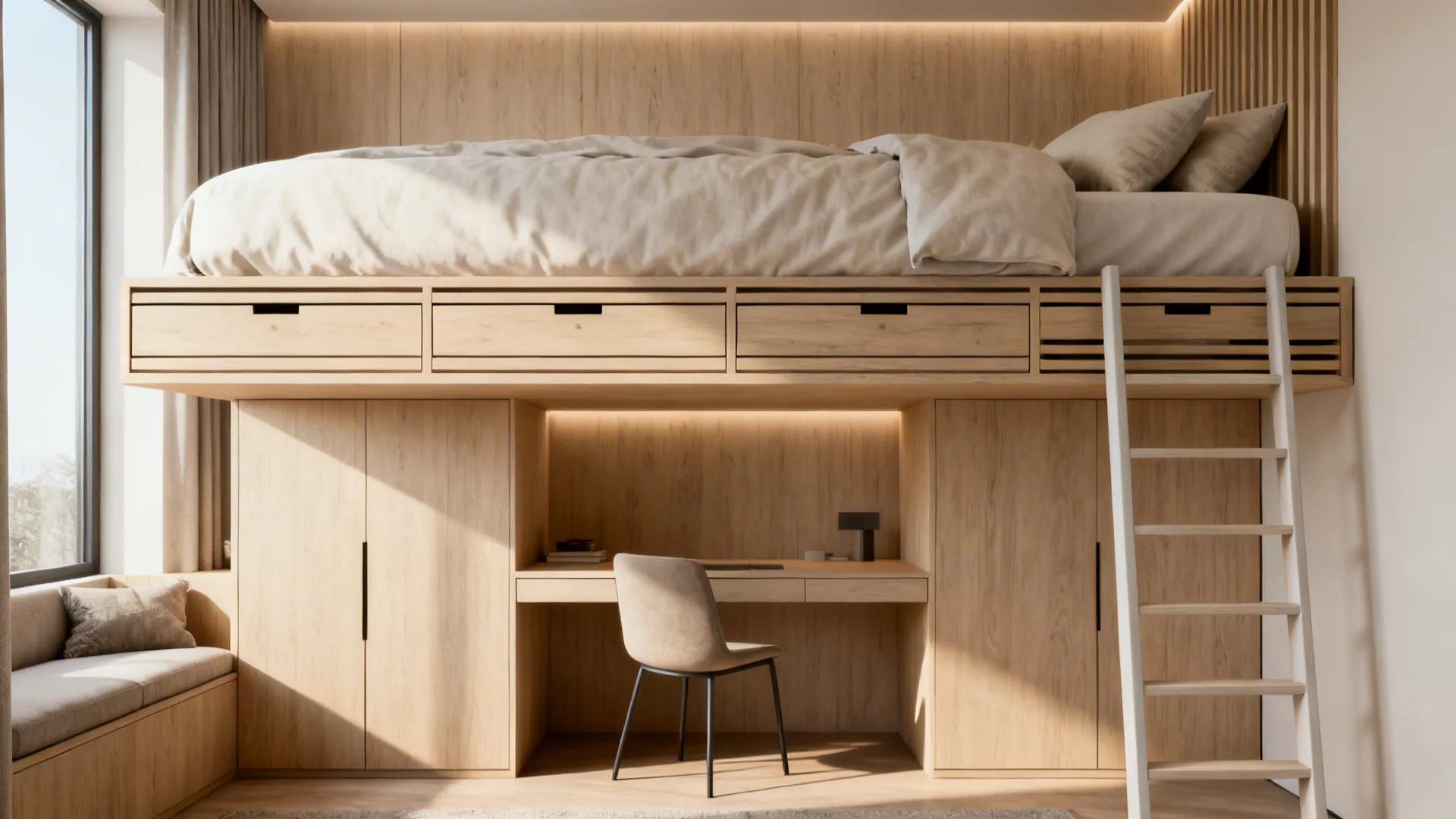 Elevated bed with drawers and a slim ladder creating a desk and seating area underneath in a small bedroom.