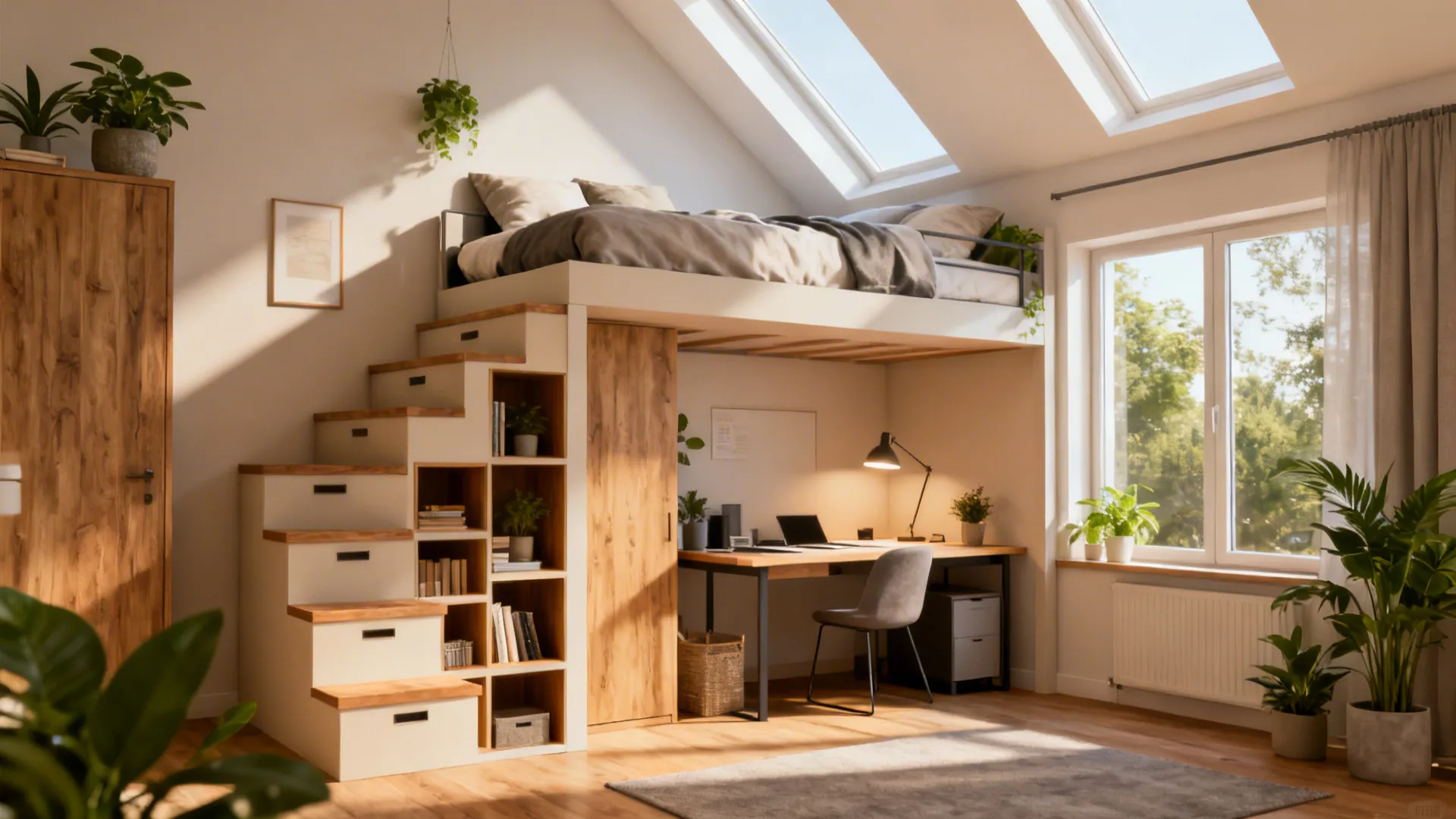 Studio apartment with a loft bed above a wooden desk and stairs with built-in storage