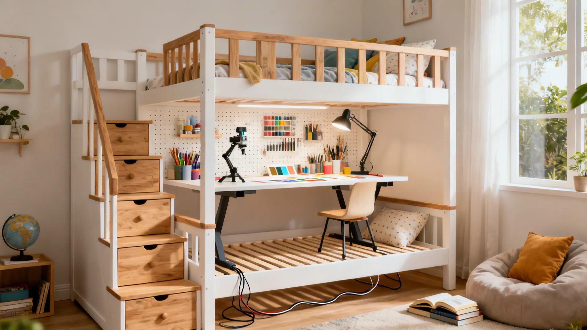 Low loft bed with storage stairs over a neat under-desk art studio in a small girl’s room.