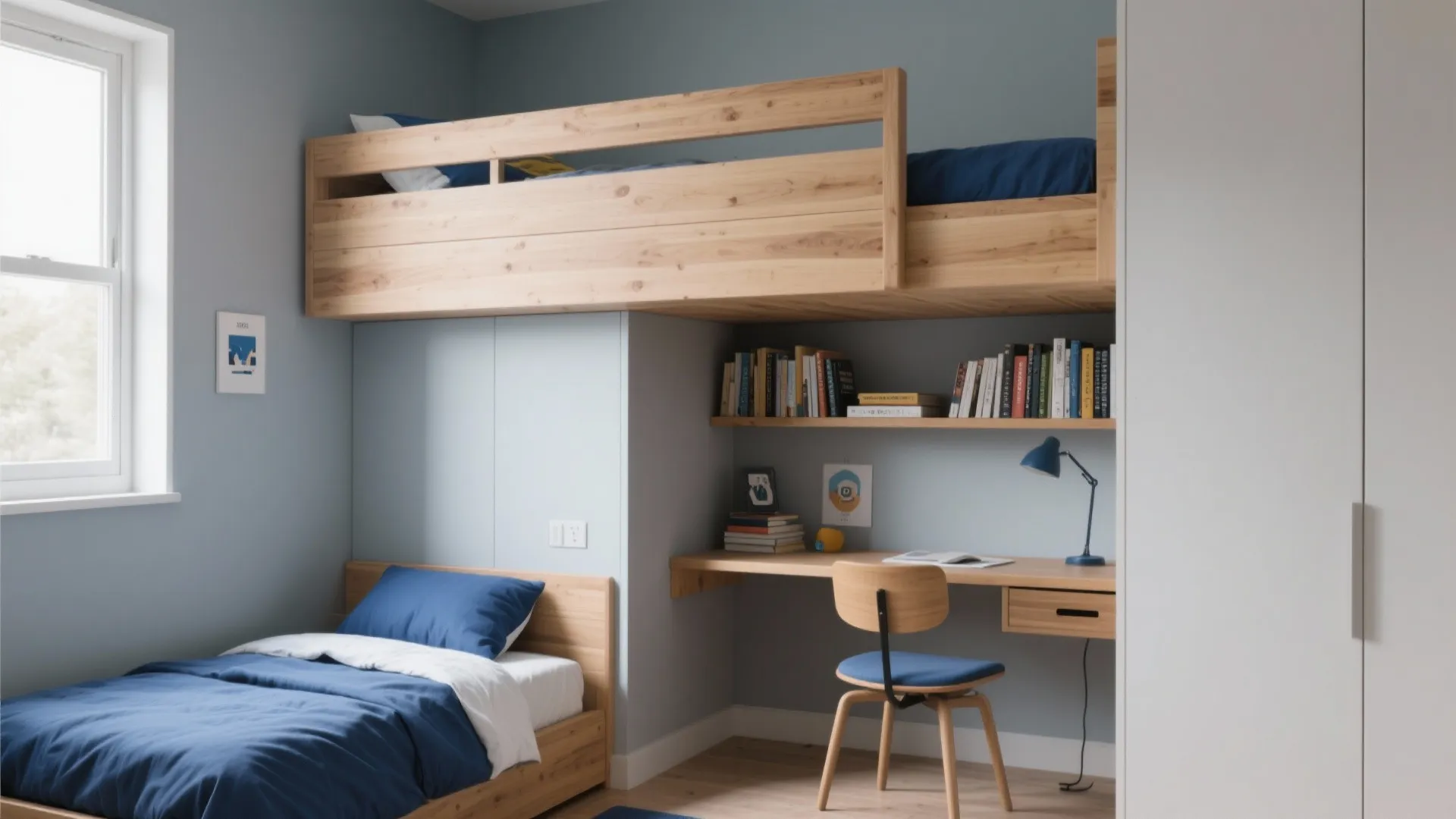 Wooden bed over a desk with a second bed next to it in blue bedroom